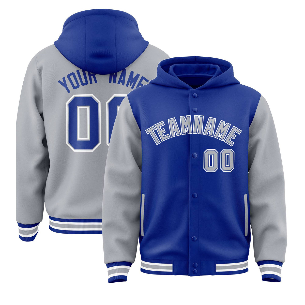 Custom Royal Gray Raglan Sleeves Varsity Full-Snap Letterman Two Tone Jacket Hoodie| KXKSHOP
