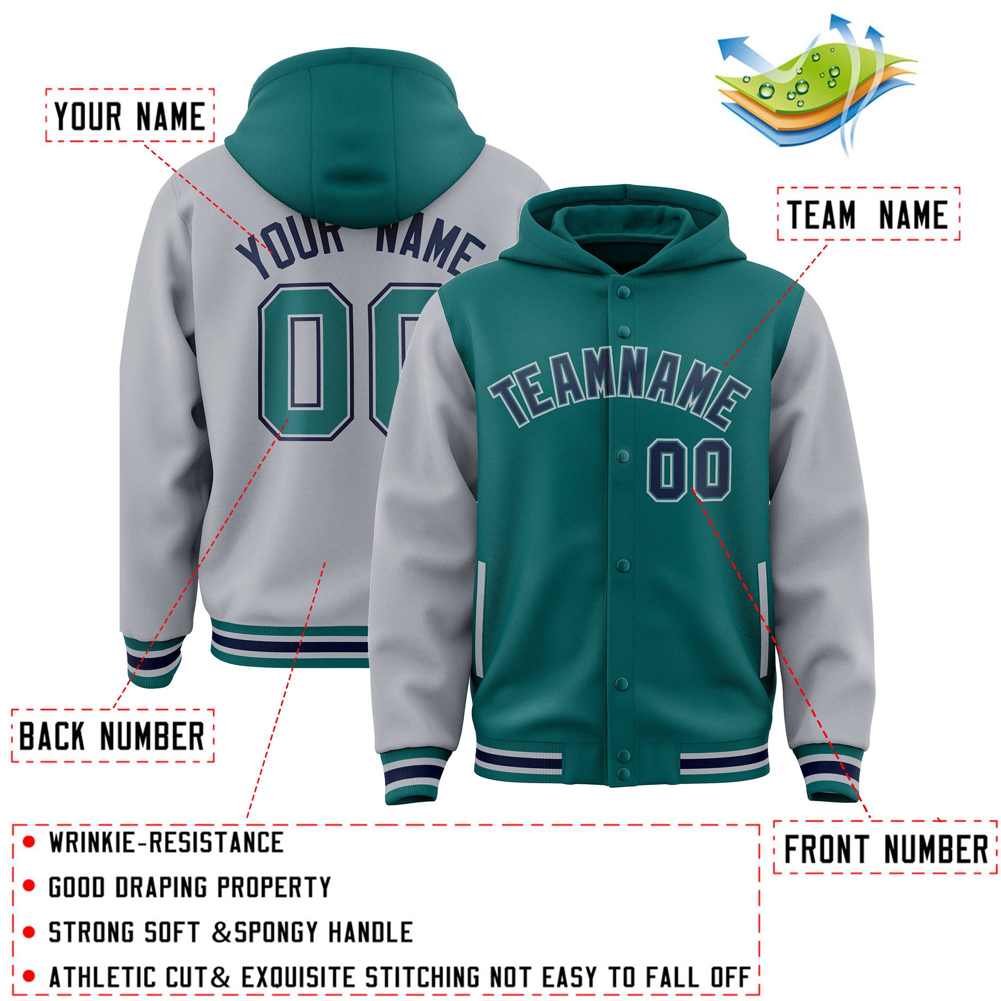 Custom Aqua Gray Raglan Sleeves Varsity Full-Snap Letterman Two Tone Jacket Hoodie| KXKSHOP