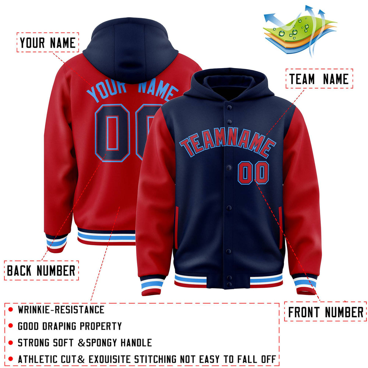 Custom Navy Red Raglan Sleeves Varsity Full-Snap Letterman Two Tone Jacket Hoodie| KXKSHOP