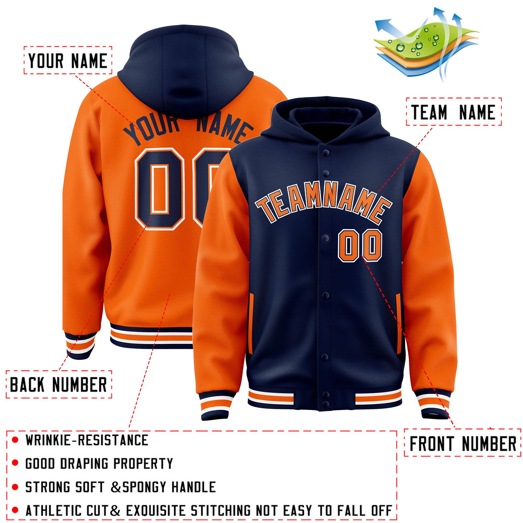 Custom Navy Orange Raglan Sleeves Varsity Full-Snap Letterman Two Tone Jacket Hoodie| KXKSHOP