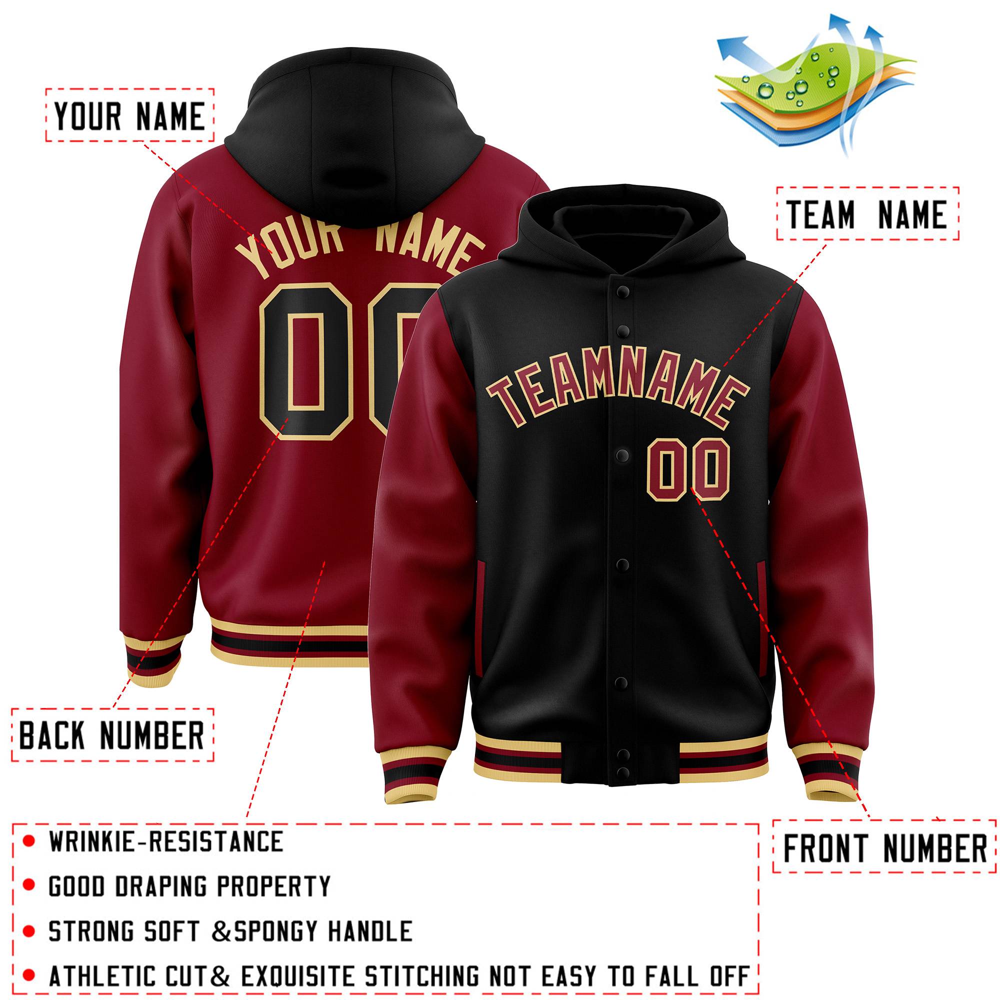 Custom Khaki Crimson Raglan Sleeves Varsity Full-Snap Letterman Two Tone Jacket Hoodie| KXKSHOP
