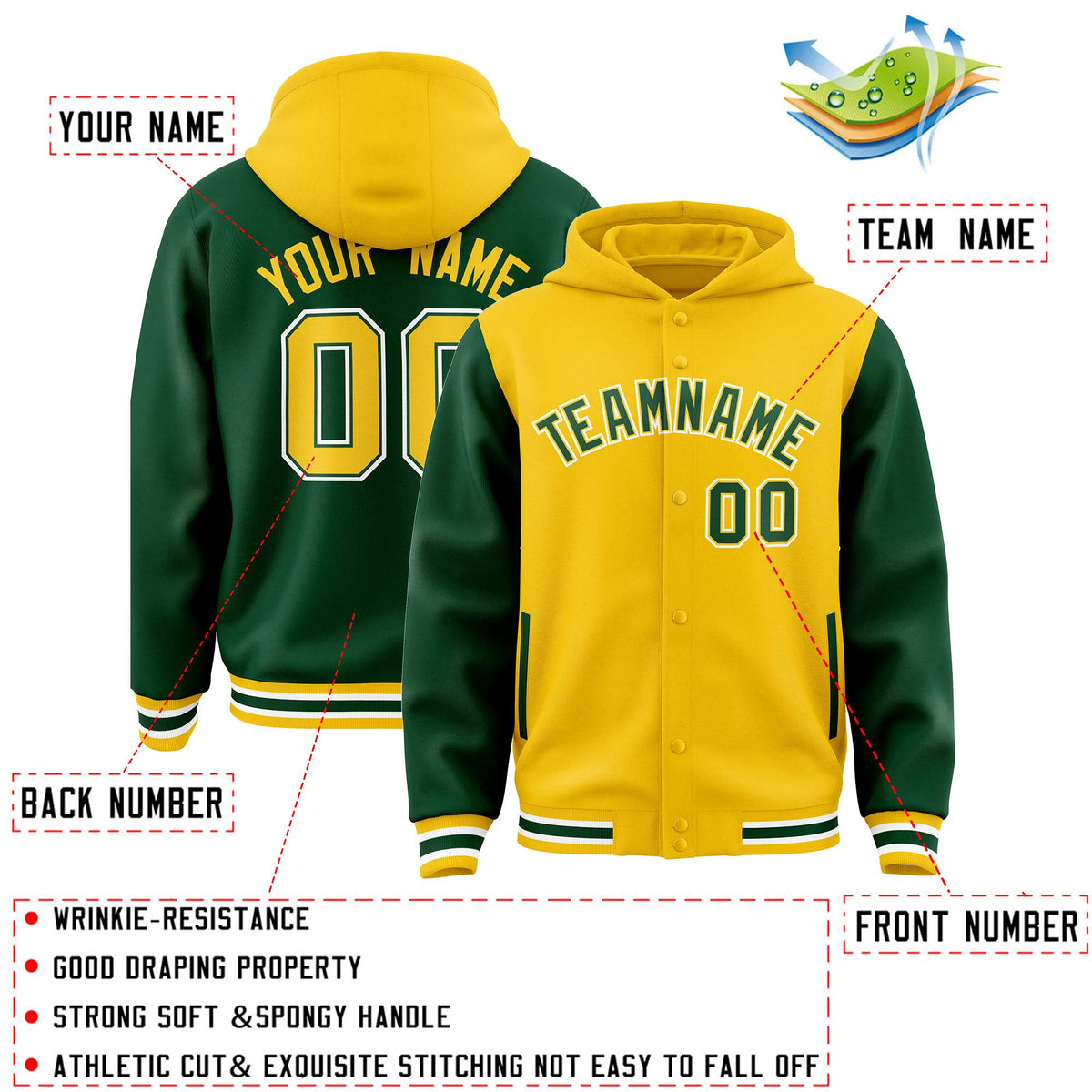 Custom Gold Green Raglan Sleeves Varsity Full-Snap Letterman Two Tone Jacket Hoodie| KXKSHOP