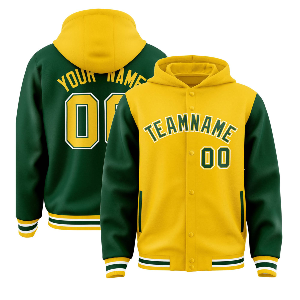 Custom Gold Green Raglan Sleeves Varsity Full-Snap Letterman Two Tone Jacket Hoodie| KXKSHOP