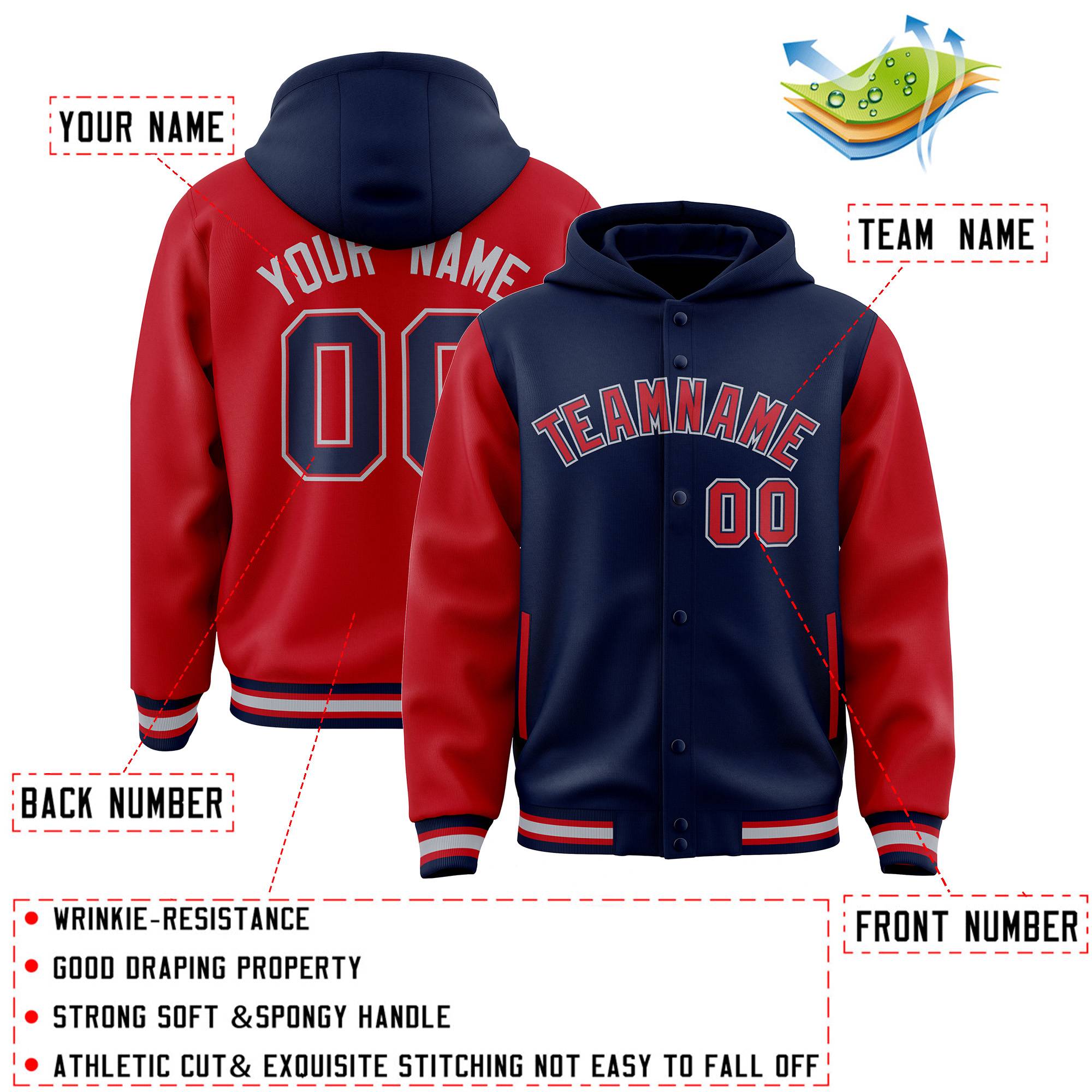 Custom Navy Red Raglan Sleeves Varsity Full-Snap Letterman Two Tone Jacket Hoodie| KXKSHOP