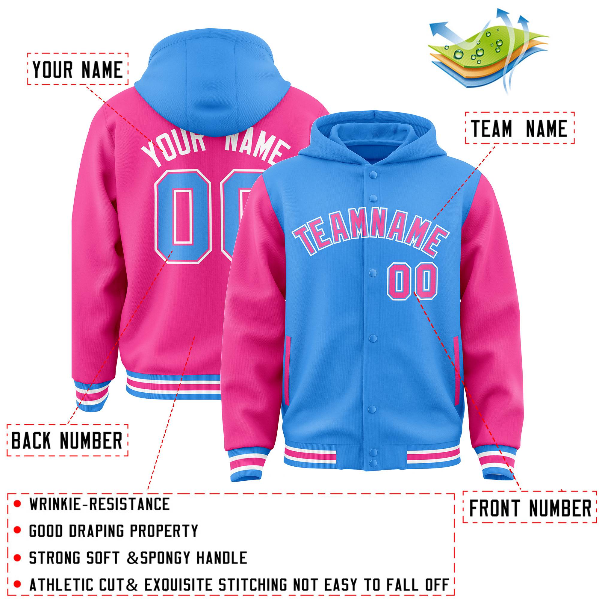 Custom Powder Blue Pink Raglan Sleeves Varsity Full-Snap Letterman Two Tone Jacket Hoodie| KXKSHOP