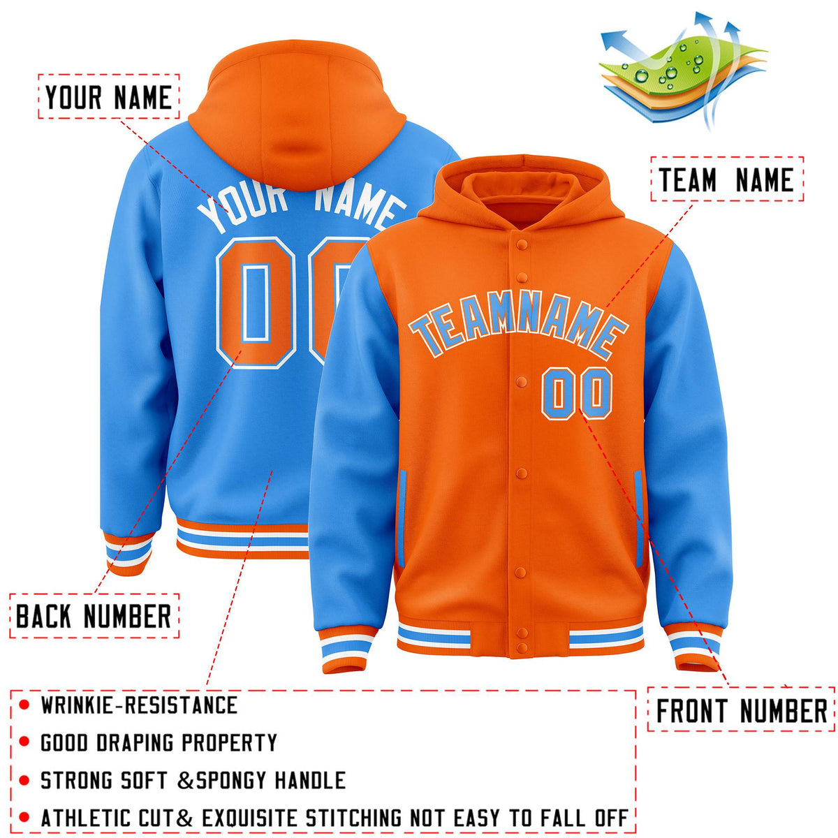 Custom Orange Powder Blue Raglan Sleeves Varsity Full-Snap Letterman Two Tone Jacket Hoodie| KXKSHOP