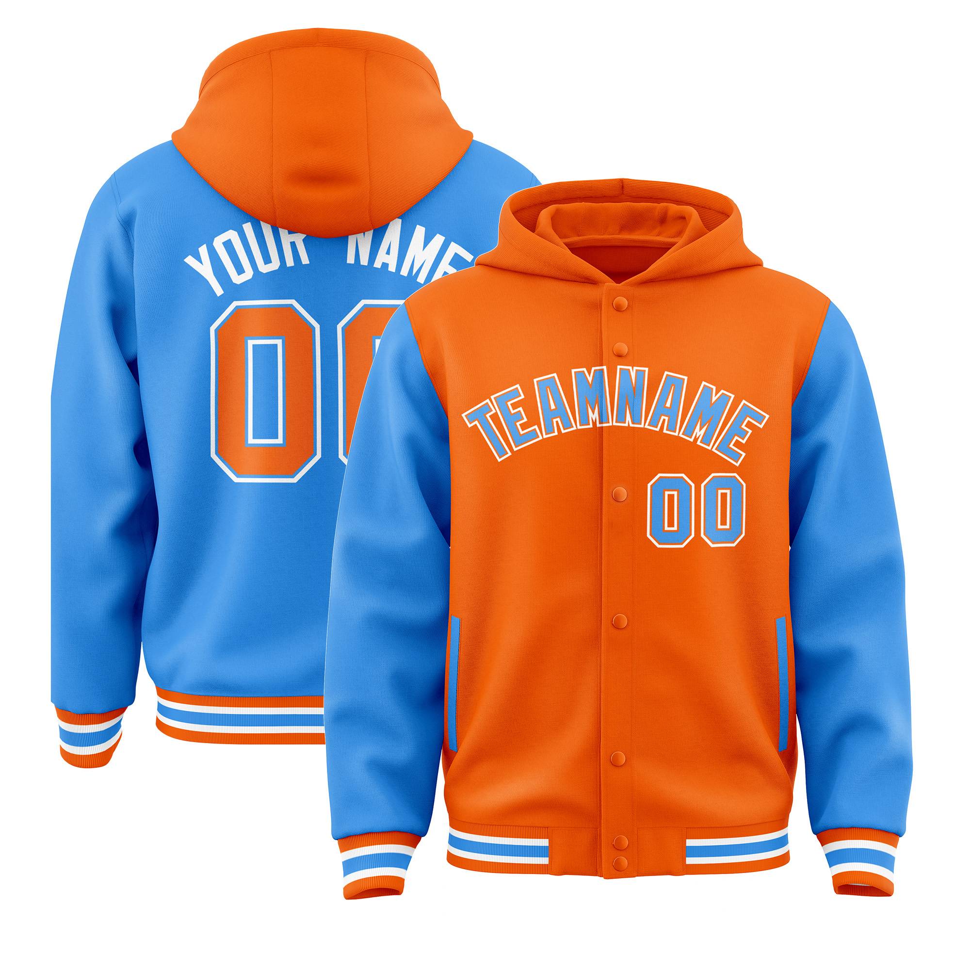Custom Orange Powder Blue Raglan Sleeves Varsity Full-Snap Letterman Two Tone Jacket Hoodie| KXKSHOP