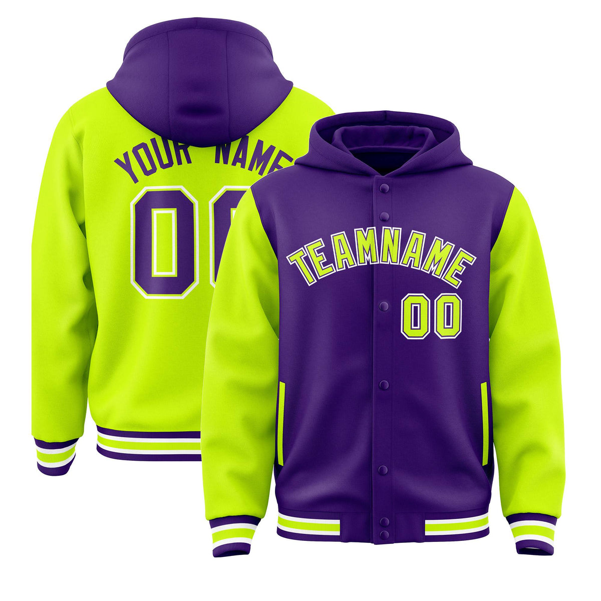 Custom Purple Neon Green Raglan Sleeves Varsity Full-Snap Letterman Two Tone Jacket Hoodie| KXKSHOP