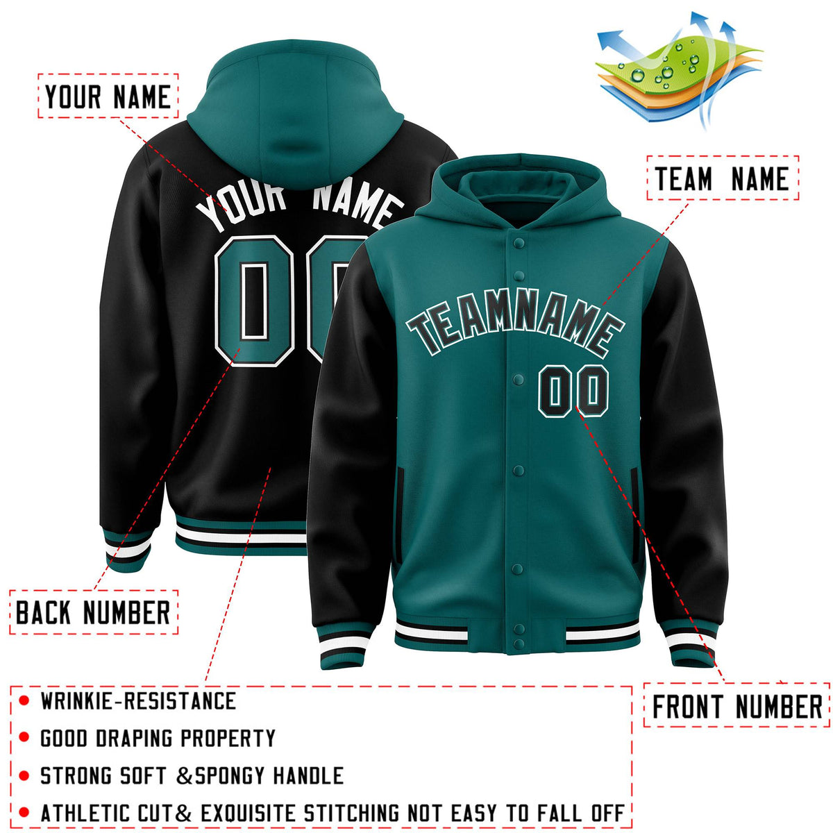 Custom Aqua Black Raglan Sleeves Varsity Full-Snap Letterman Two Tone Jacket Hoodie| KXKSHOP
