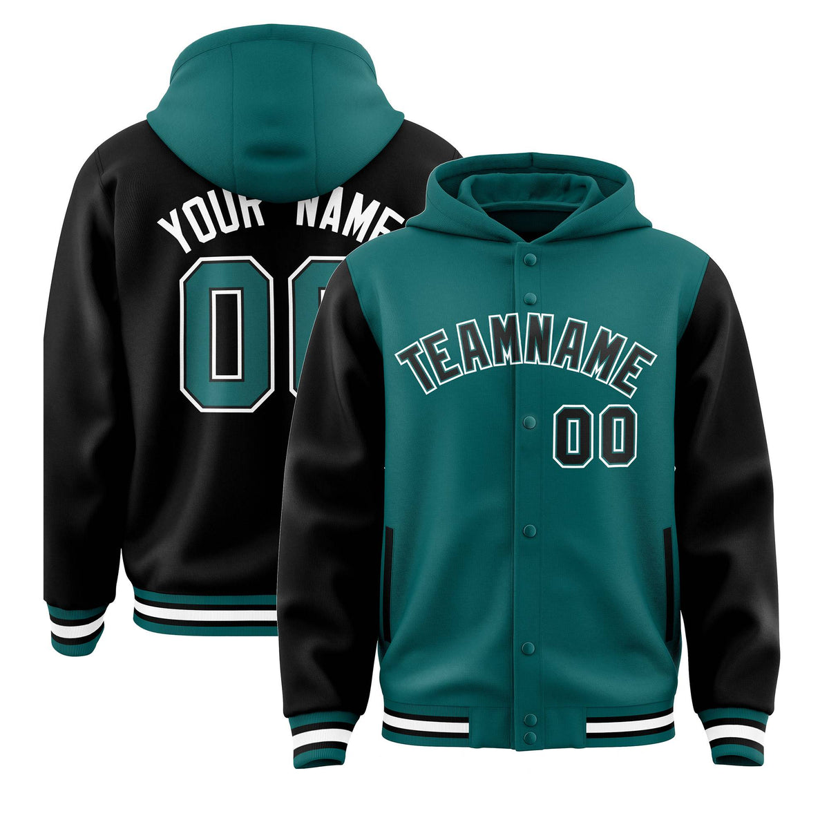 Custom Aqua Black Raglan Sleeves Varsity Full-Snap Letterman Two Tone Jacket Hoodie| KXKSHOP