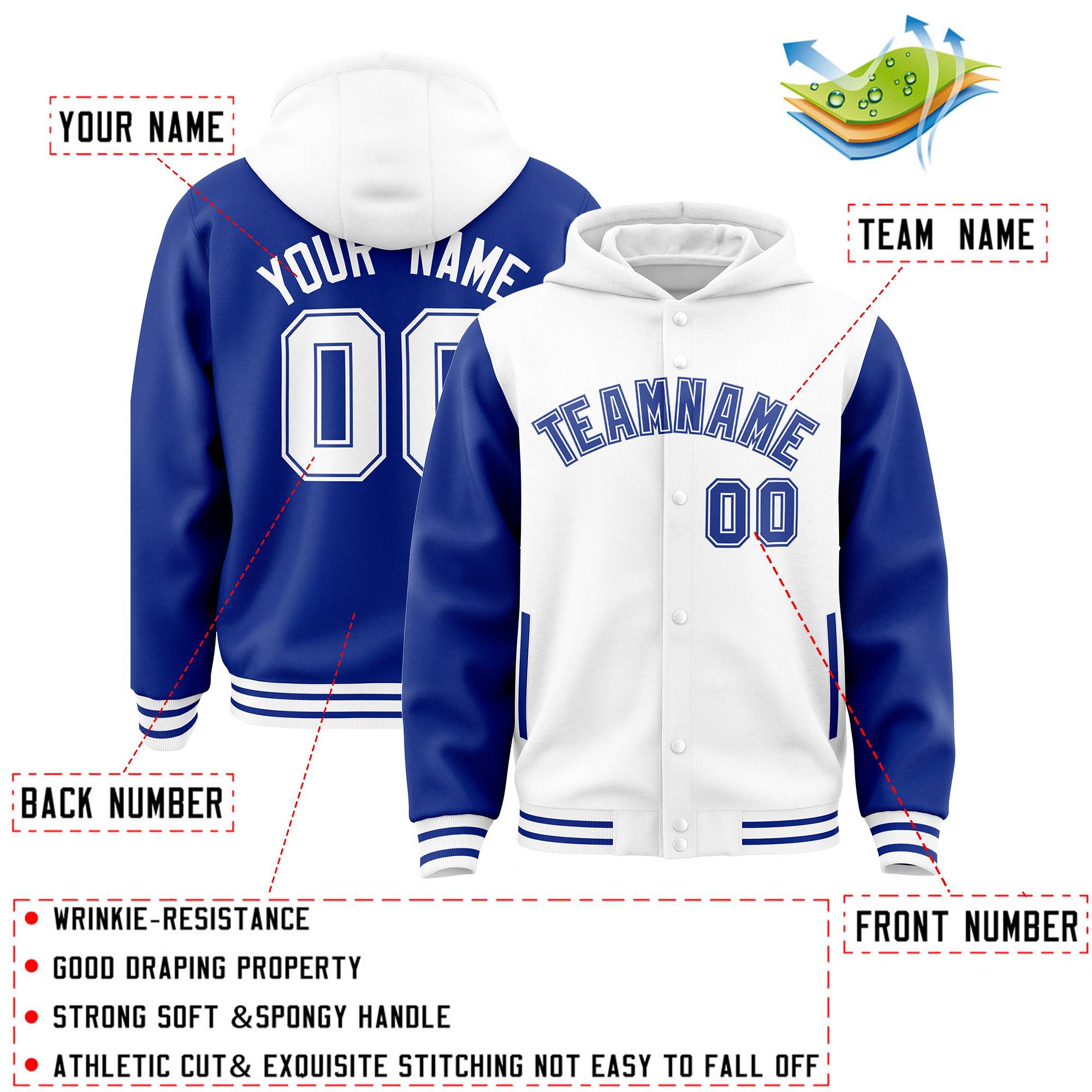 Custom White Royal Raglan Sleeves Varsity Full-Snap Letterman Two Tone Jacket Hoodie| KXKSHOP