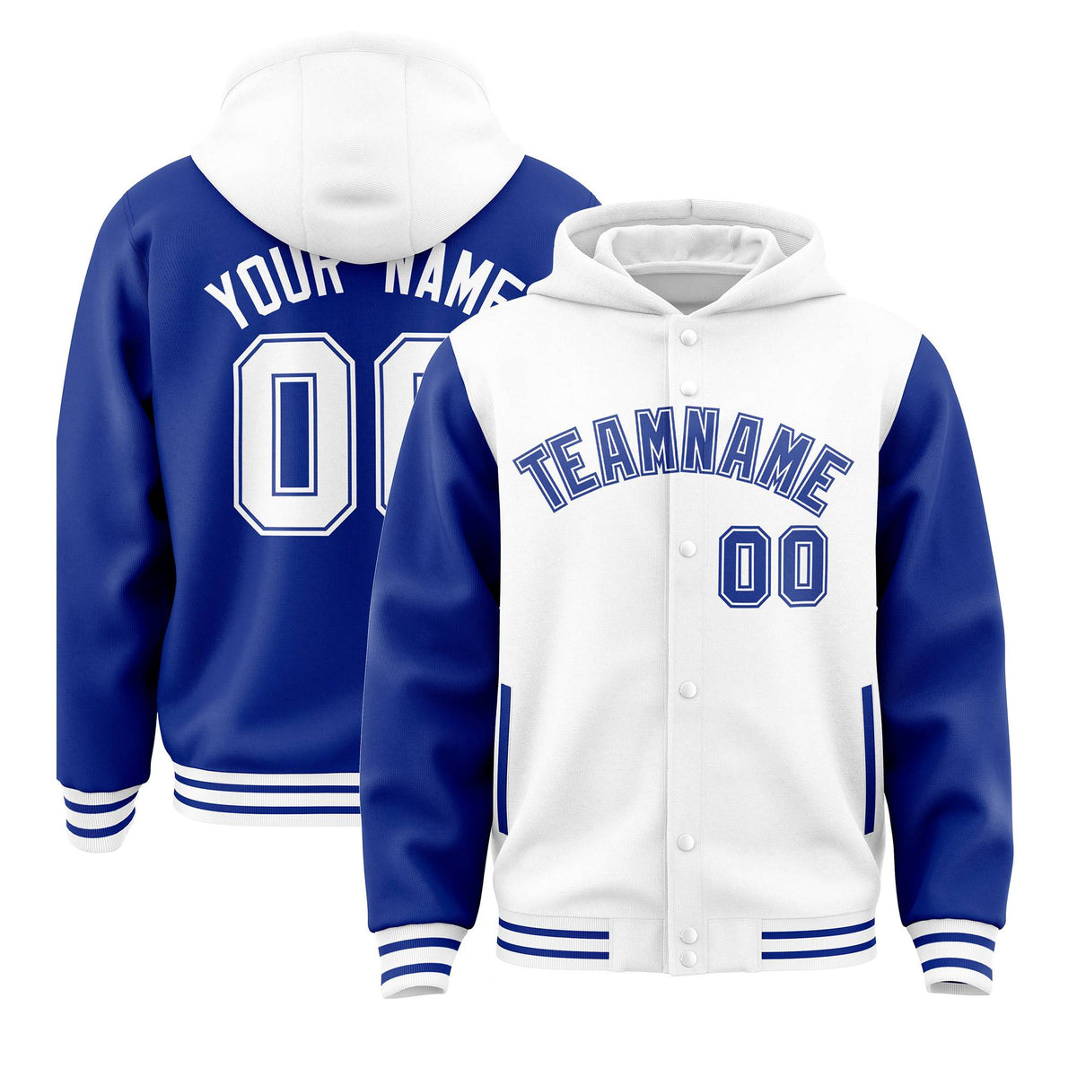 Custom White Royal Raglan Sleeves Varsity Full-Snap Letterman Two Tone Jacket Hoodie| KXKSHOP