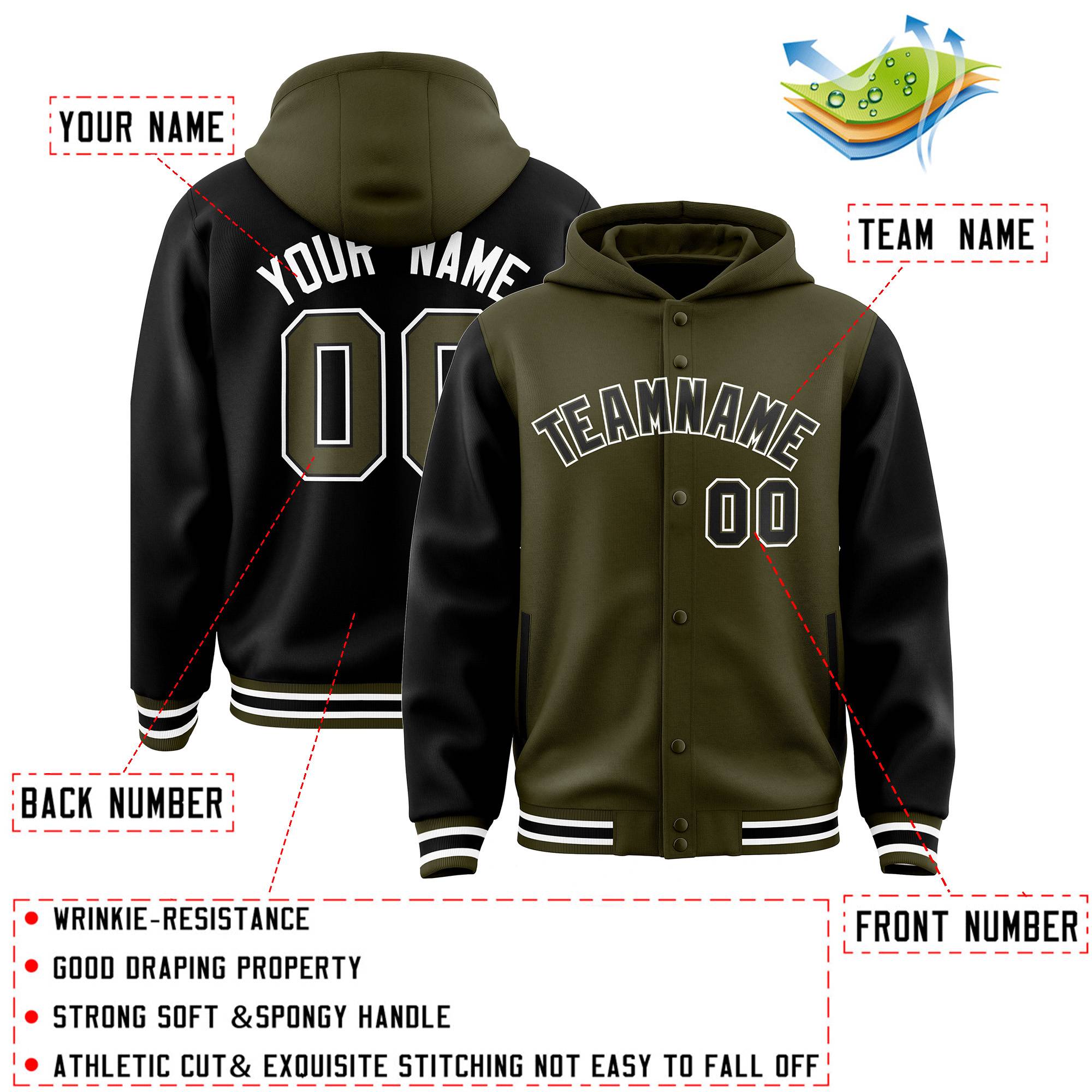 Custom Olive Black Raglan Sleeves Varsity Full-Snap Letterman Two Tone Jacket Hoodie| KXKSHOP