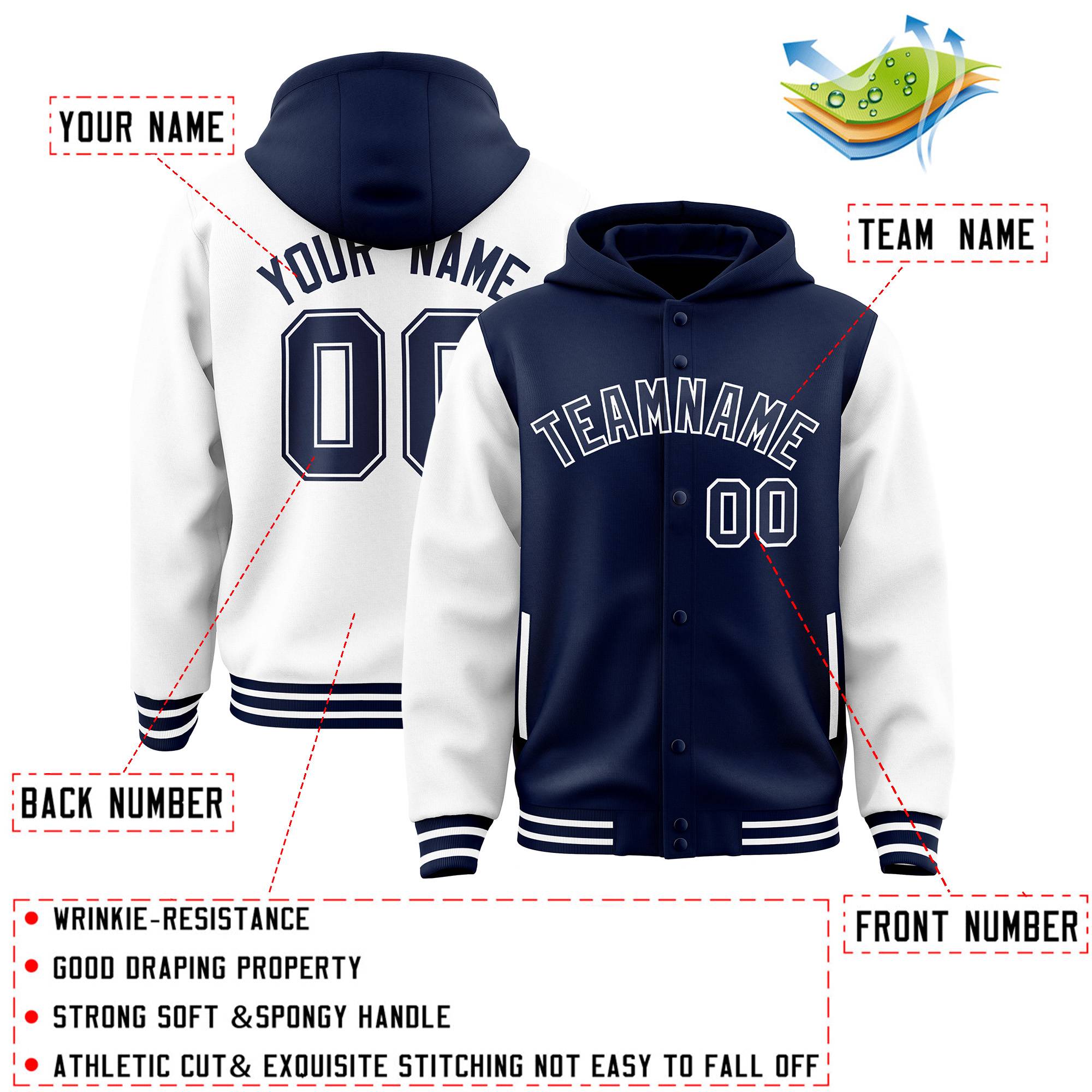 Custom Navy White Raglan Sleeves Varsity Full-Snap Letterman Two Tone Jacket Hoodie| KXKSHOP