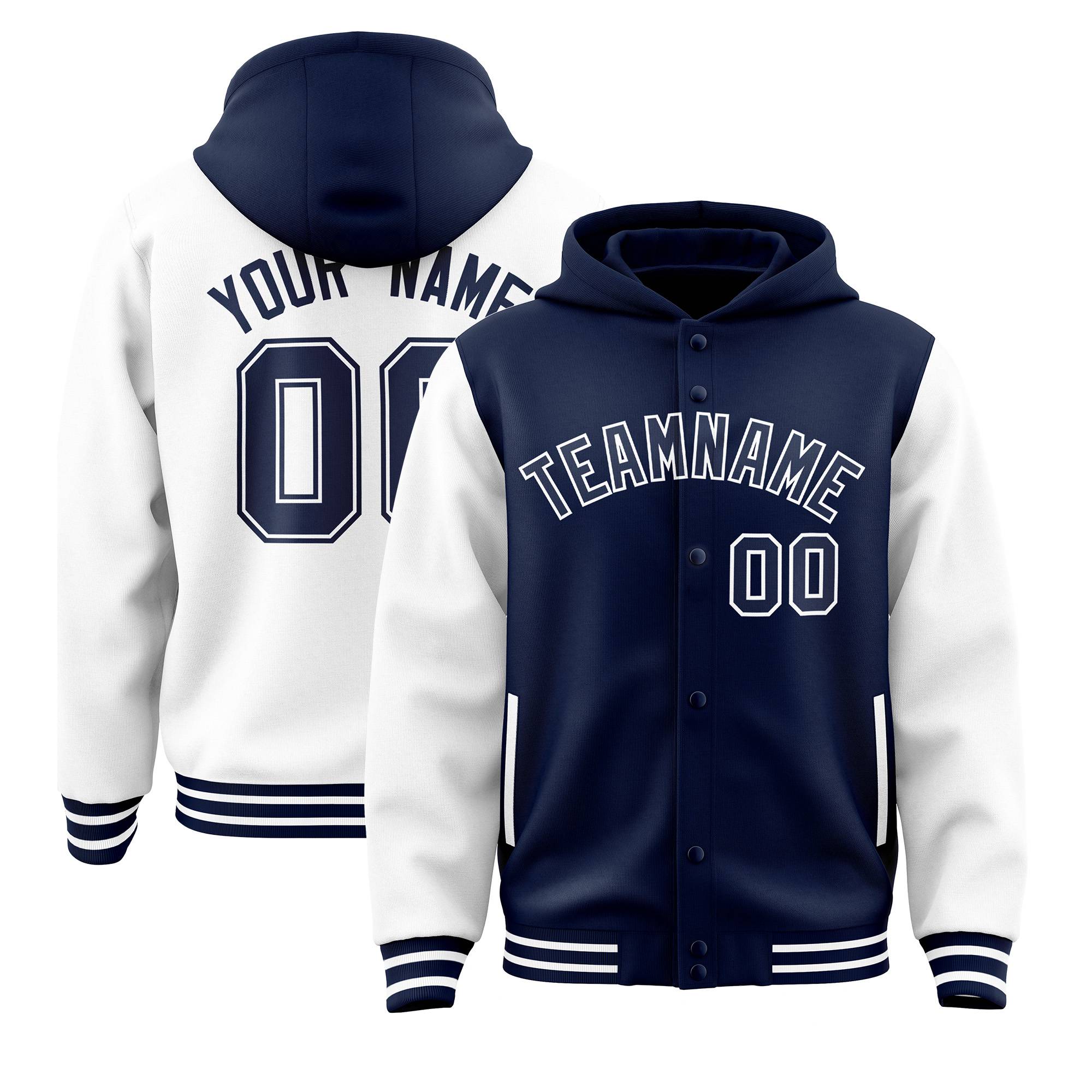 Custom Navy White Raglan Sleeves Varsity Full-Snap Letterman Two Tone Jacket Hoodie| KXKSHOP