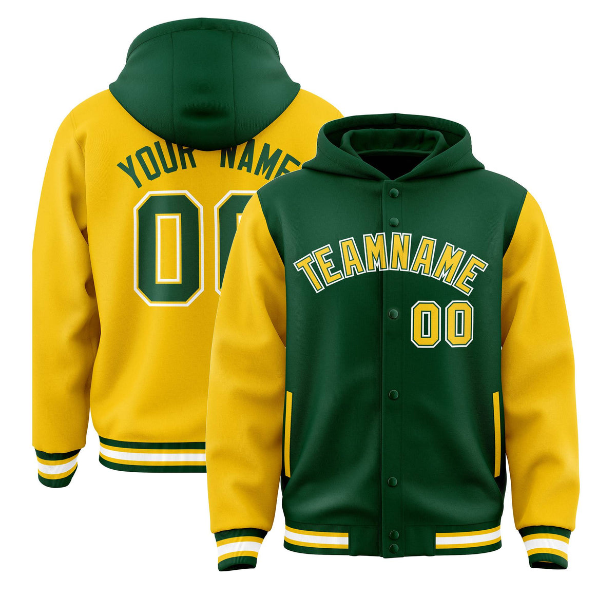 Custom Green Gold Raglan Sleeves Varsity Full-Snap Letterman Two Tone Jacket Hoodie| KXKSHOP
