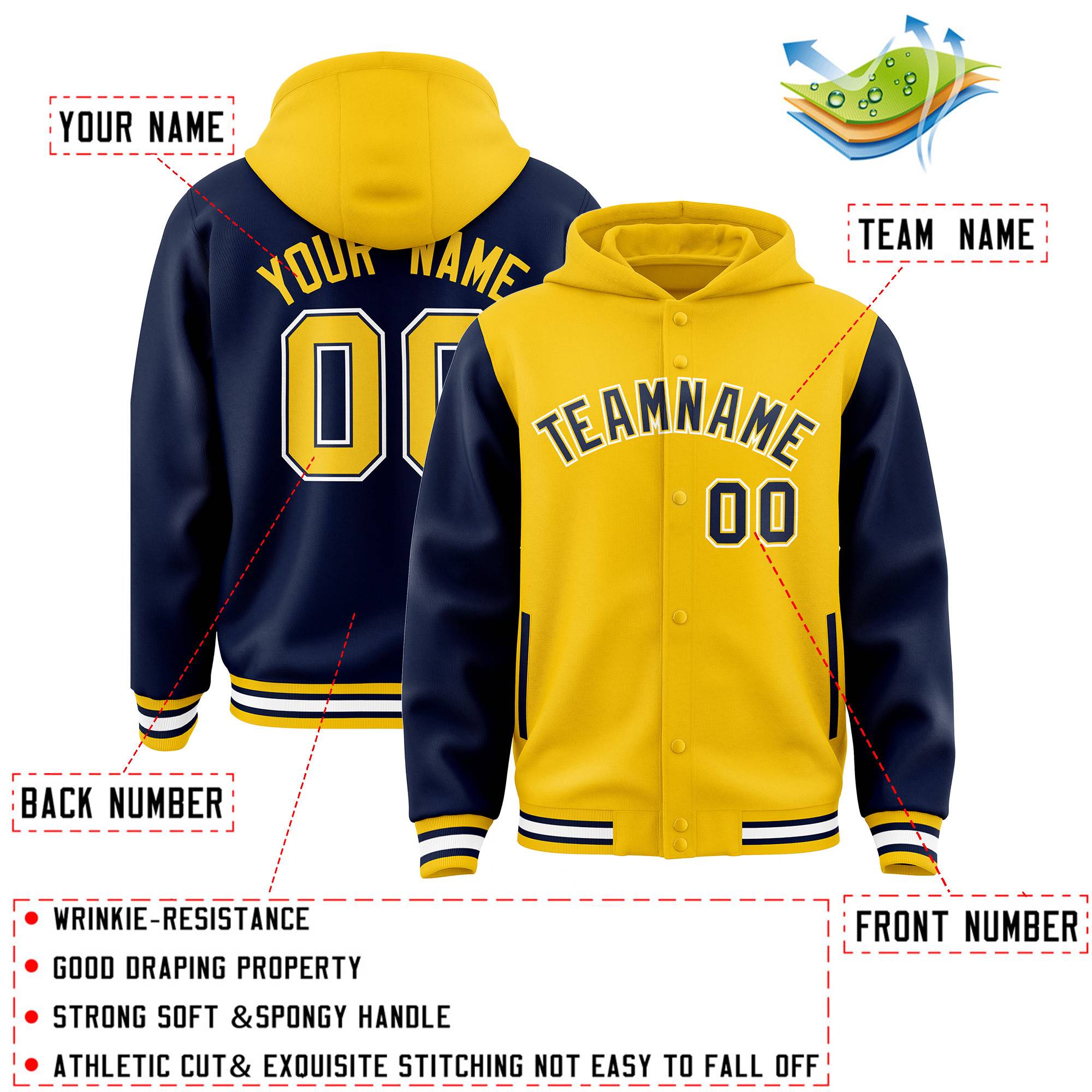 Custom Gold Navy Raglan Sleeves Varsity Full-Snap Letterman Two Tone Jacket Hoodie| KXKSHOP