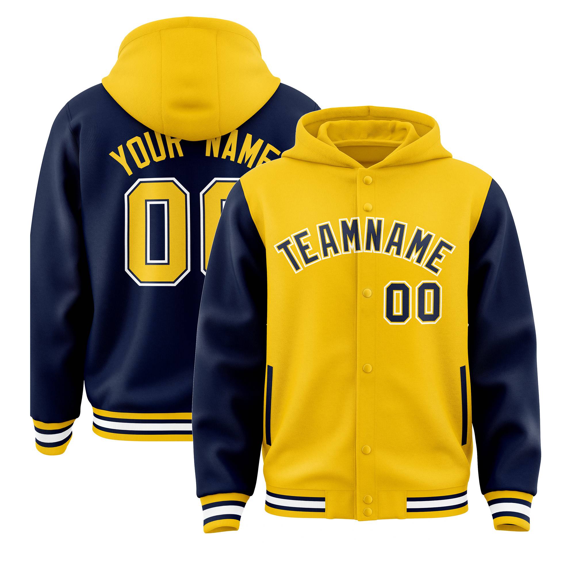 Custom Gold Navy Raglan Sleeves Varsity Full-Snap Letterman Two Tone Jacket Hoodie| KXKSHOP
