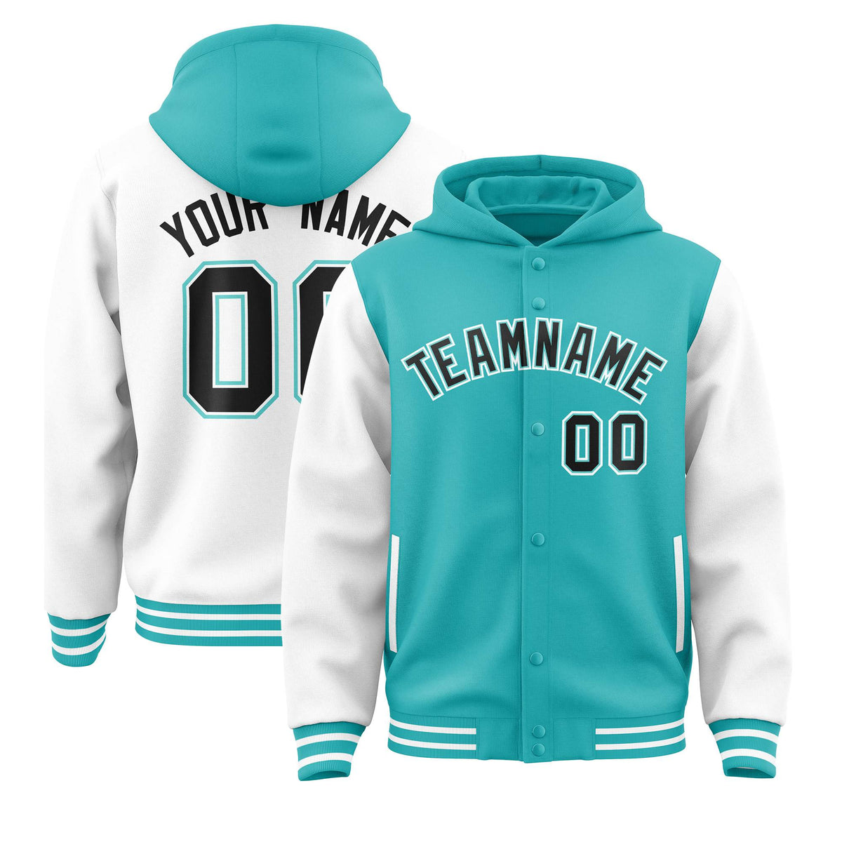 Custom Aqua White Raglan Sleeves Varsity Full-Snap Letterman Two Tone Jacket Hoodie| KXKSHOP