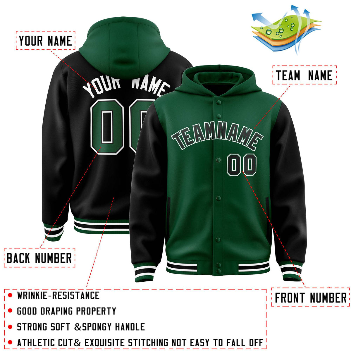 Custom Green Black Raglan Sleeves Varsity Full-Snap Letterman Two Tone Jacket Hoodie| KXKSHOP