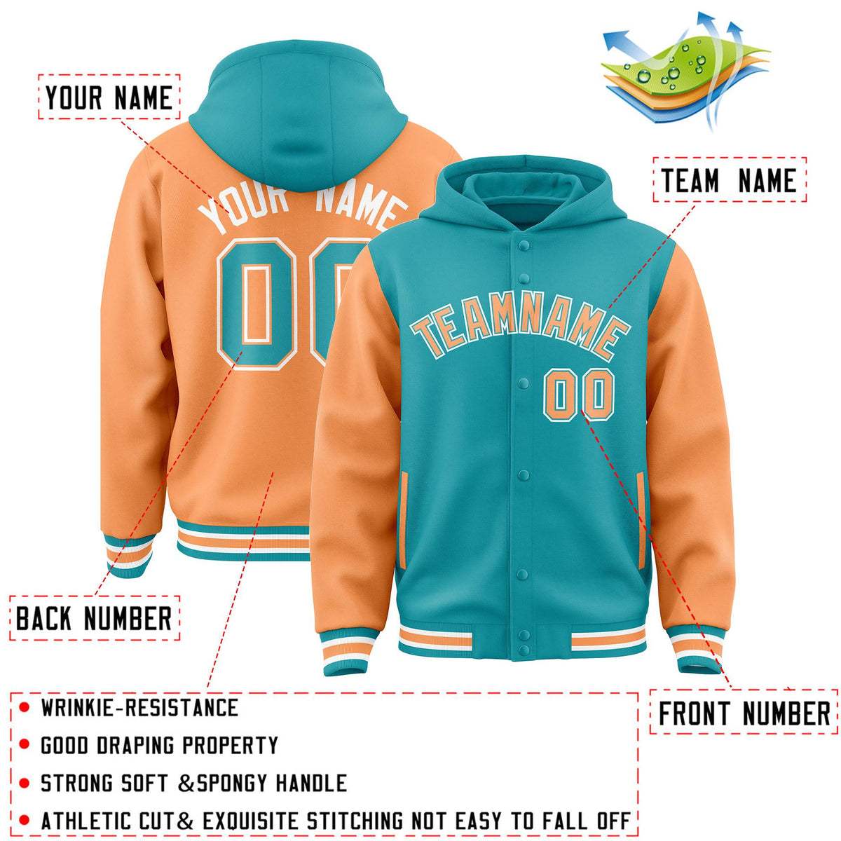 Custom Aqua Orange Raglan Sleeves Varsity Full-Snap Letterman Two Tone Jacket Hoodie| KXKSHOP