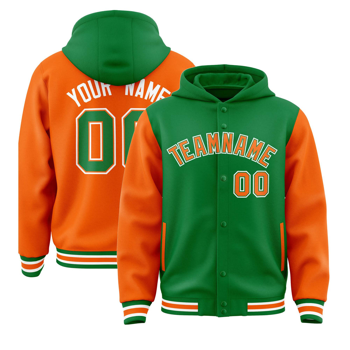 Custom Kelly Green Orange Raglan Sleeves Varsity Full-Snap Letterman Two Tone Jacket Hoodie| KXKSHOP