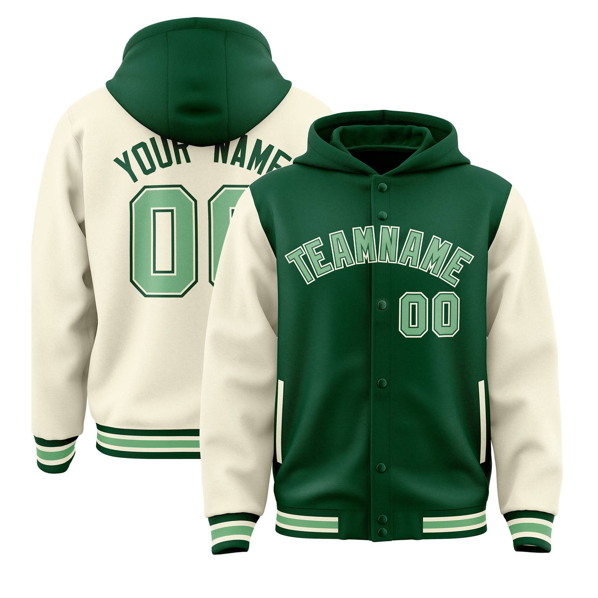 Custom Green Cream Raglan Sleeves Varsity Full-Snap Letterman Two Tone Jacket Hoodie| KXKSHOP