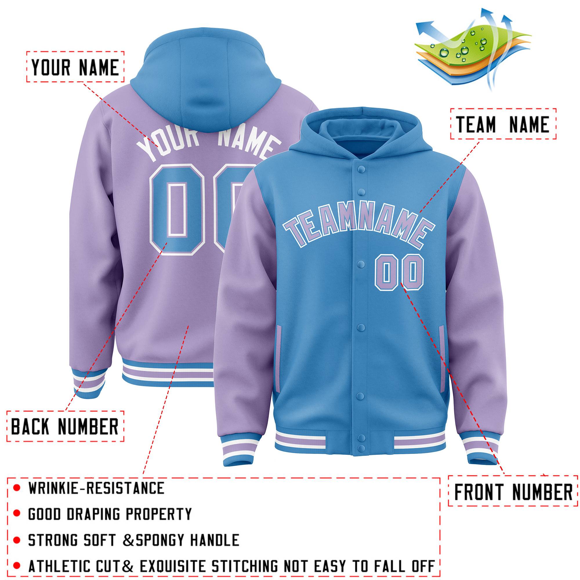 Custom Powder Blue Light Purple Raglan Sleeves Varsity Full-Snap Letterman Two Tone Jacket Hoodie| KXKSHOP