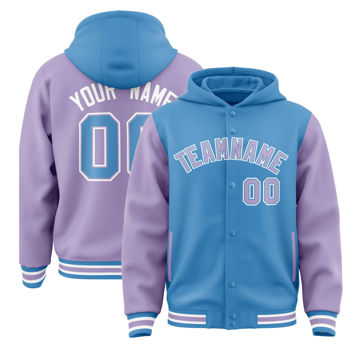 Custom Powder Blue Light Purple Raglan Sleeves Varsity Full-Snap Letterman Two Tone Jacket Hoodie| KXKSHOP