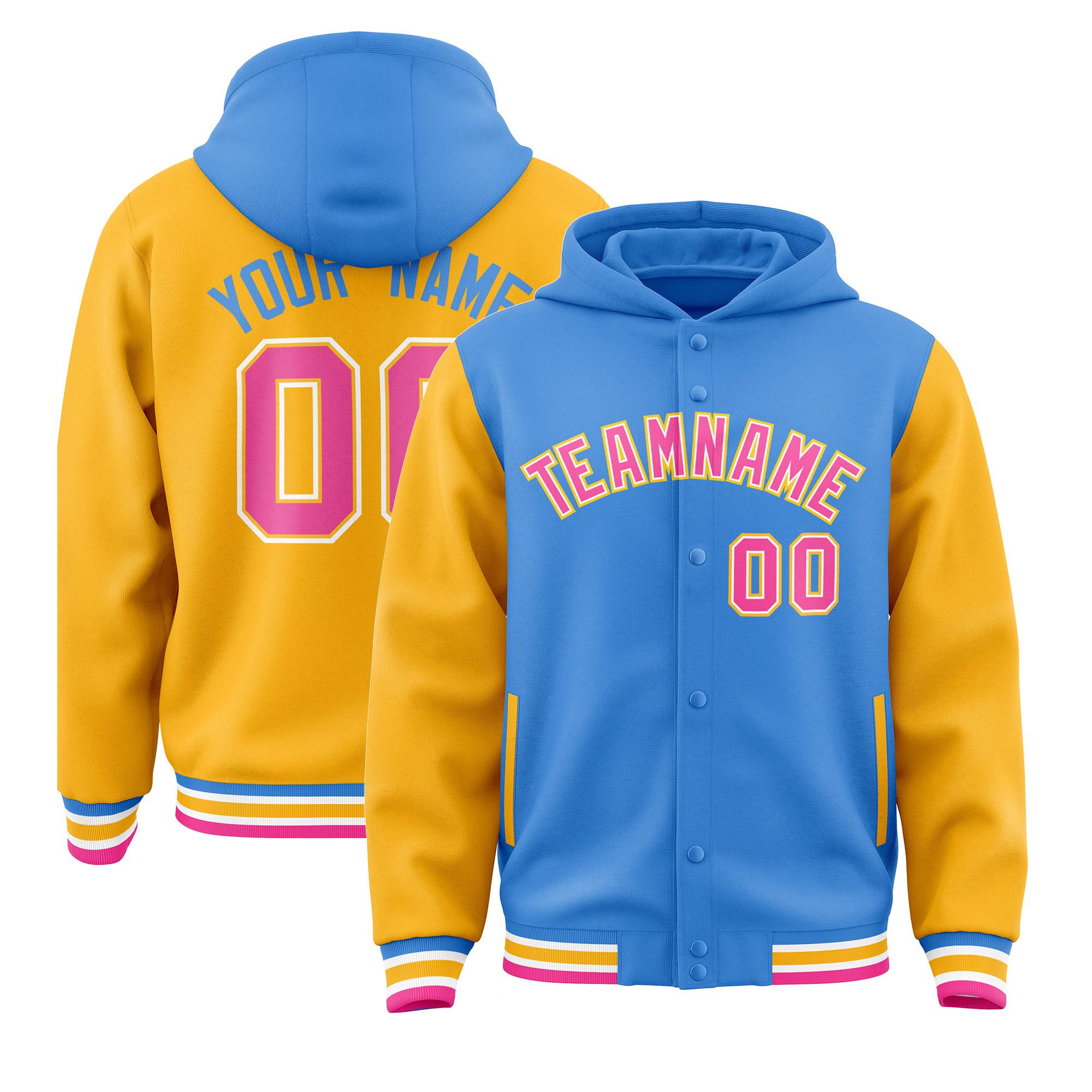 Custom Powder Blue Gold Raglan Sleeves Varsity Full-Snap Letterman Two Tone Jacket Hoodie| KXKSHOP
