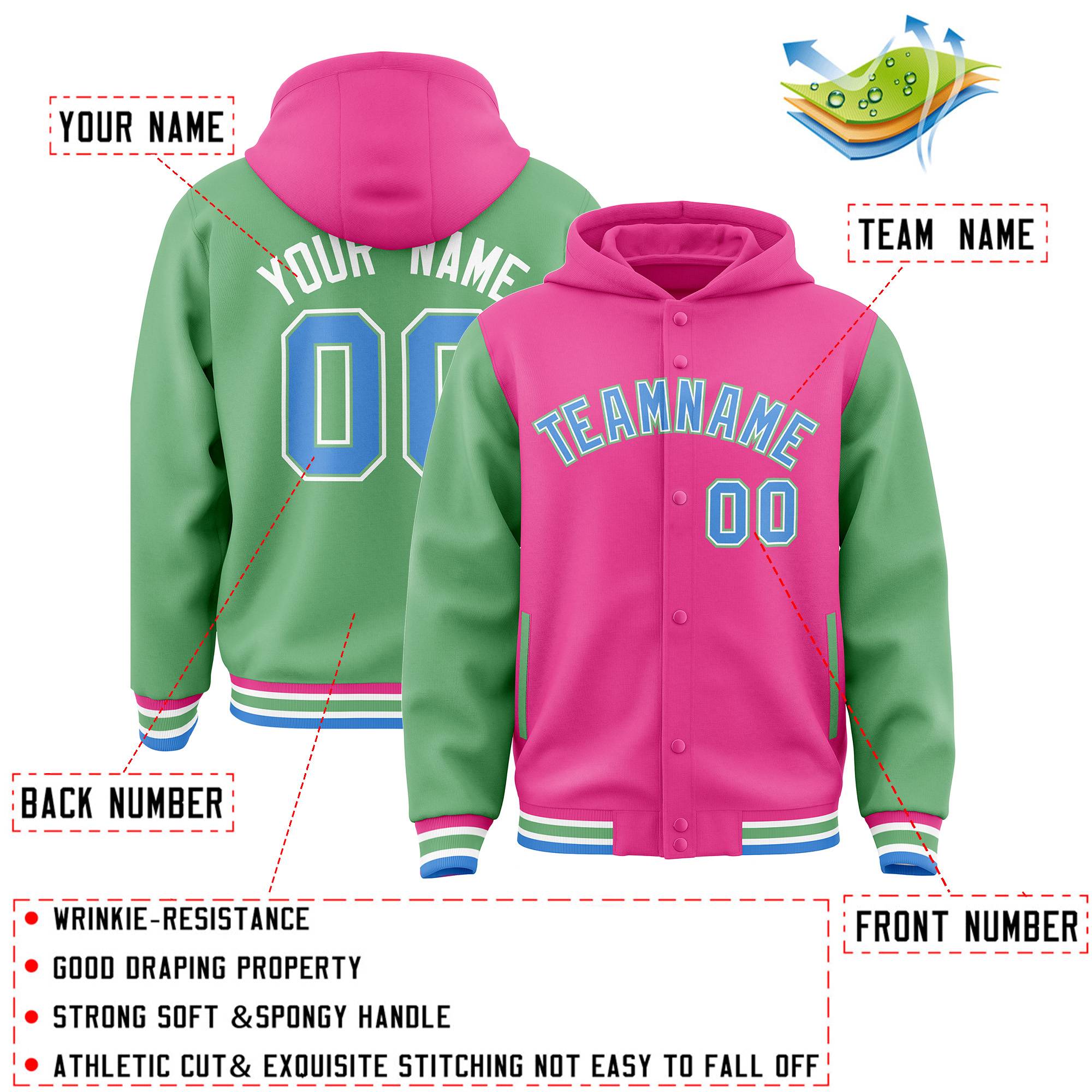 Custom Pink Green Raglan Sleeves Varsity Full-Snap Letterman Two Tone Jacket Hoodie| KXKSHOP