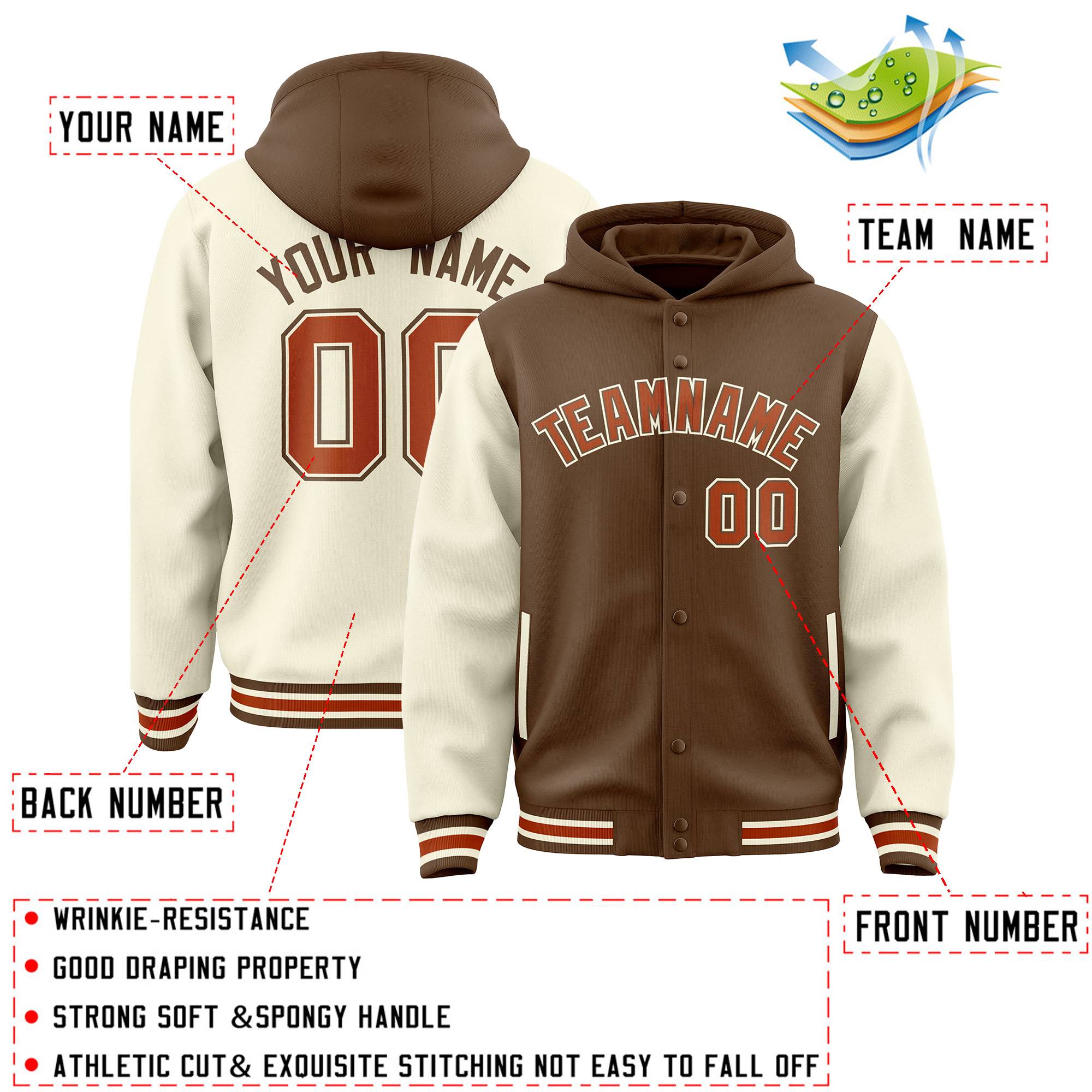 Custom Light Brown Cream Raglan Sleeves Varsity Full-Snap Letterman Two Tone Jacket Hoodie| KXKSHOP