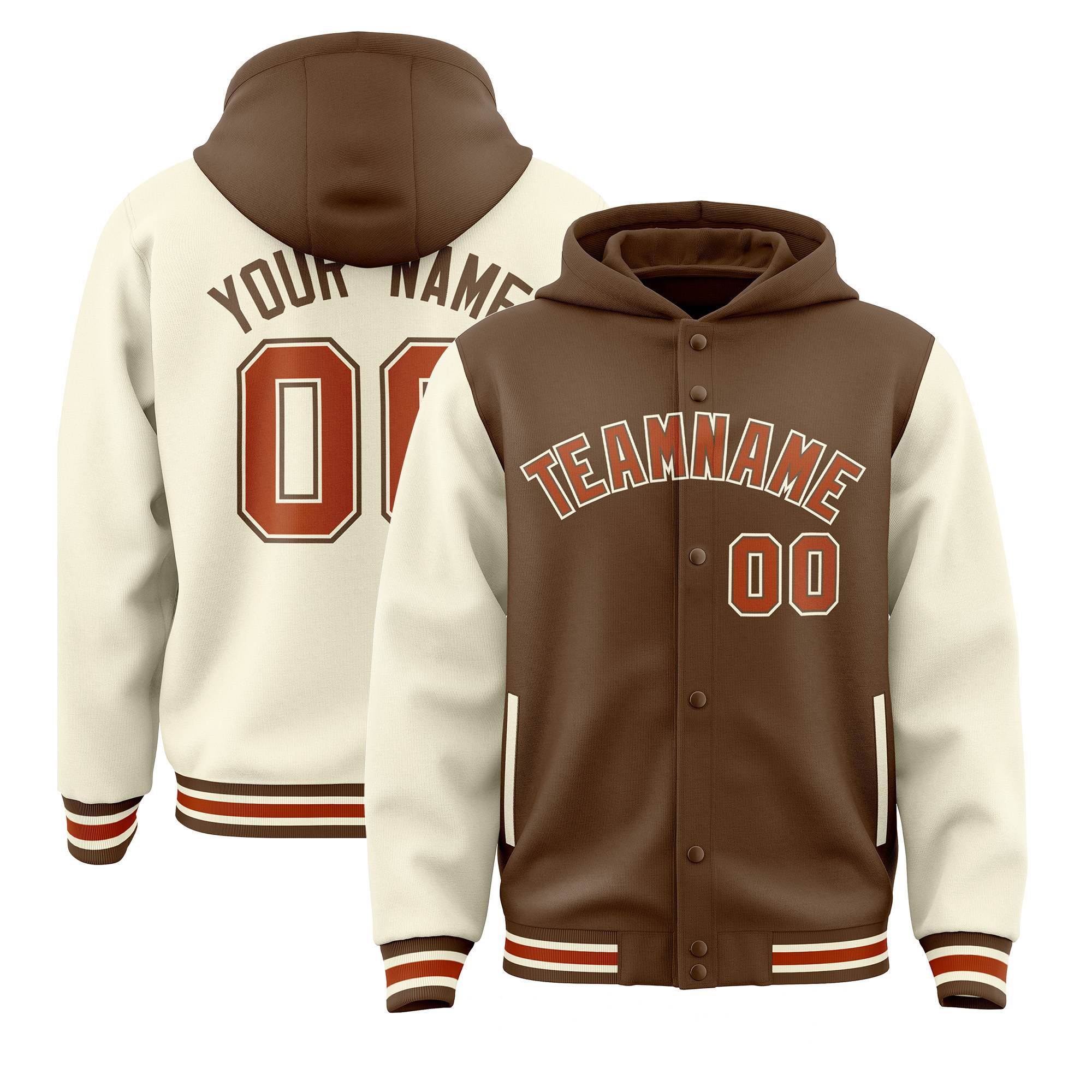 Custom Light Brown Cream Raglan Sleeves Varsity Full-Snap Letterman Two Tone Jacket Hoodie| KXKSHOP