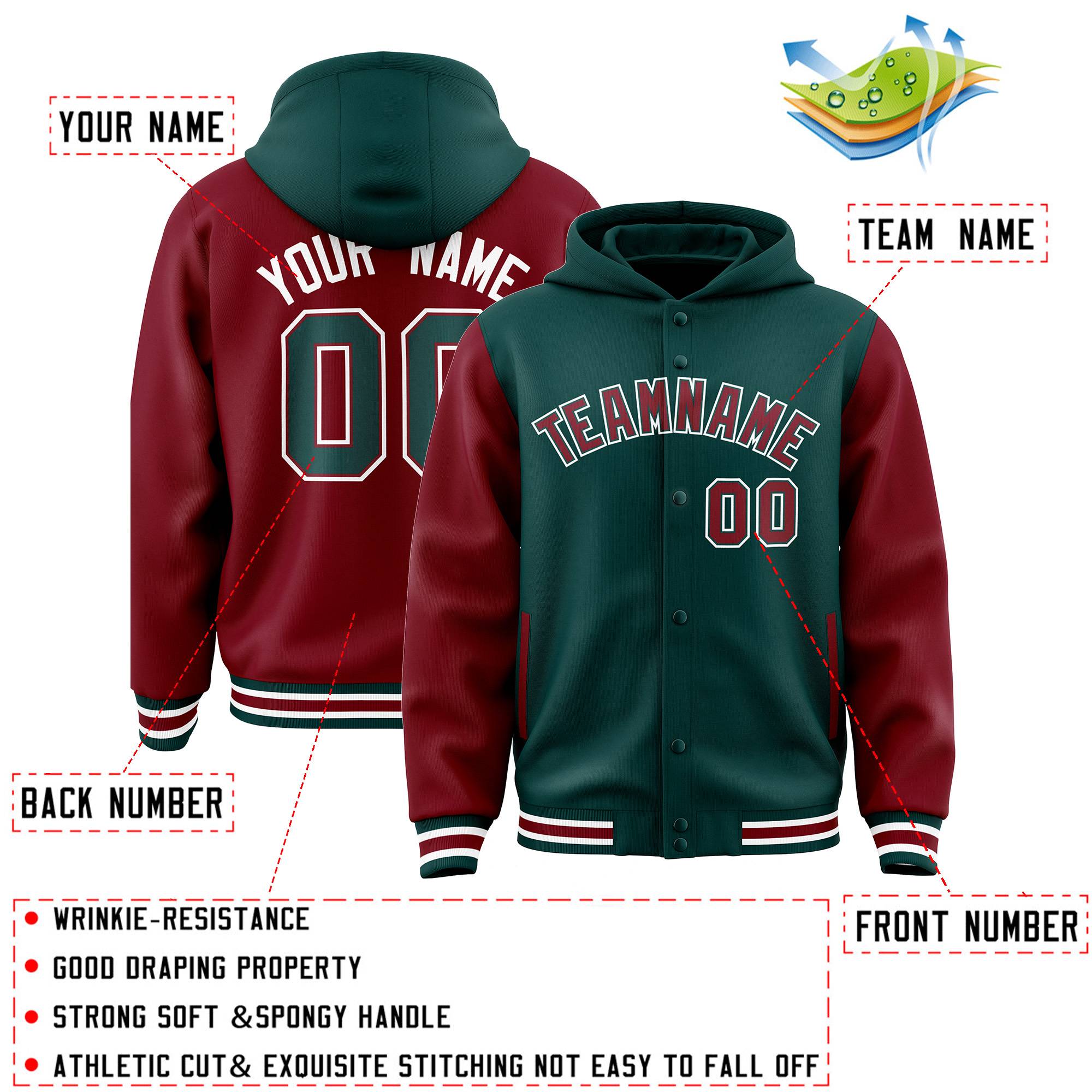 Custom Midnight Green Crimson Raglan Sleeves Varsity Full-Snap Letterman Two Tone Jacket Hoodie| KXKSHOP