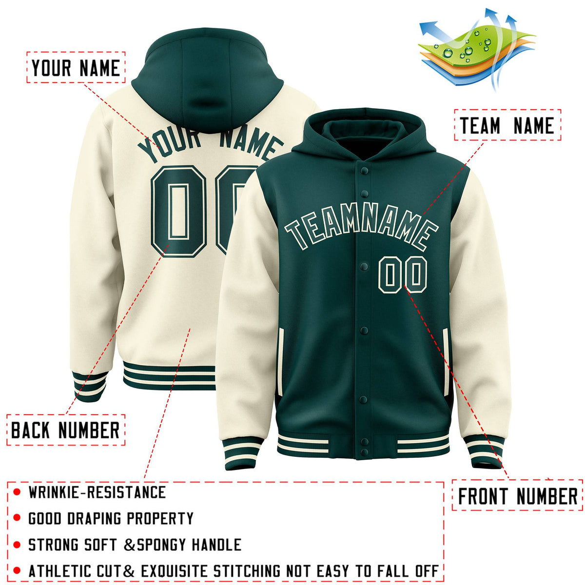 Custom Midnight Green Cream Raglan Sleeves Varsity Full-Snap Letterman Two Tone Jacket Hoodie| KXKSHOP