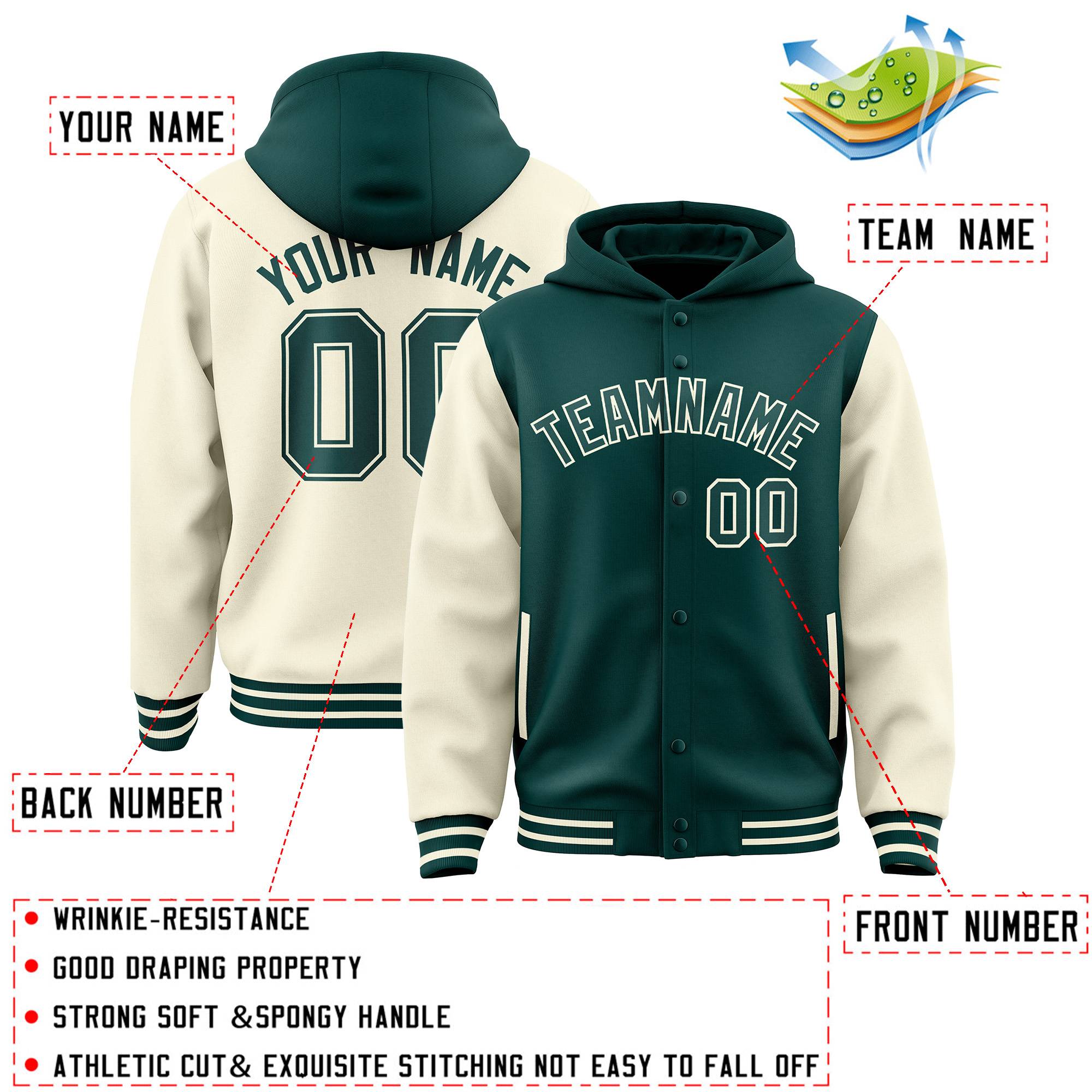 Custom Midnight Green Cream Raglan Sleeves Varsity Full-Snap Letterman Two Tone Jacket Hoodie| KXKSHOP