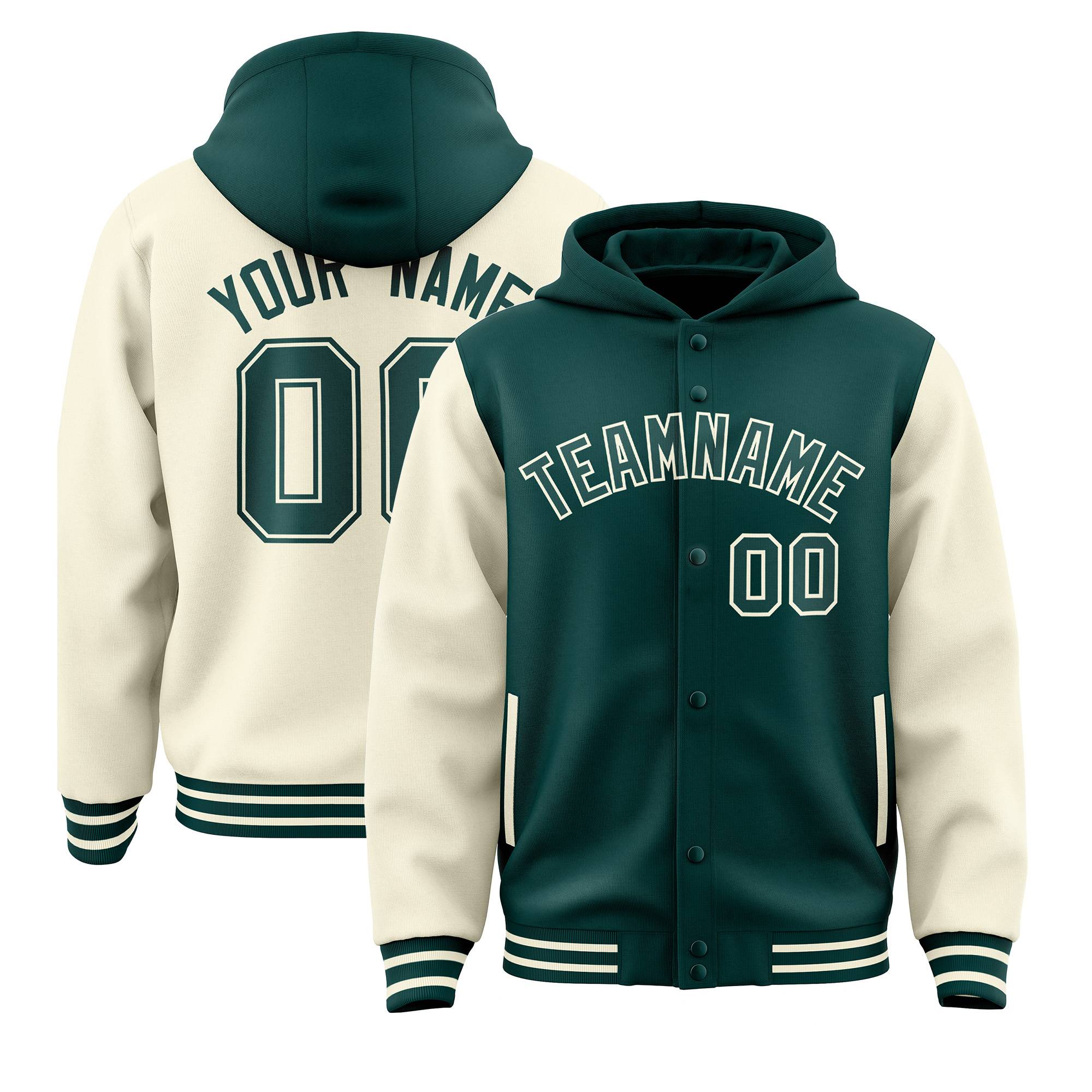 Custom Midnight Green Cream Raglan Sleeves Varsity Full-Snap Letterman Two Tone Jacket Hoodie| KXKSHOP