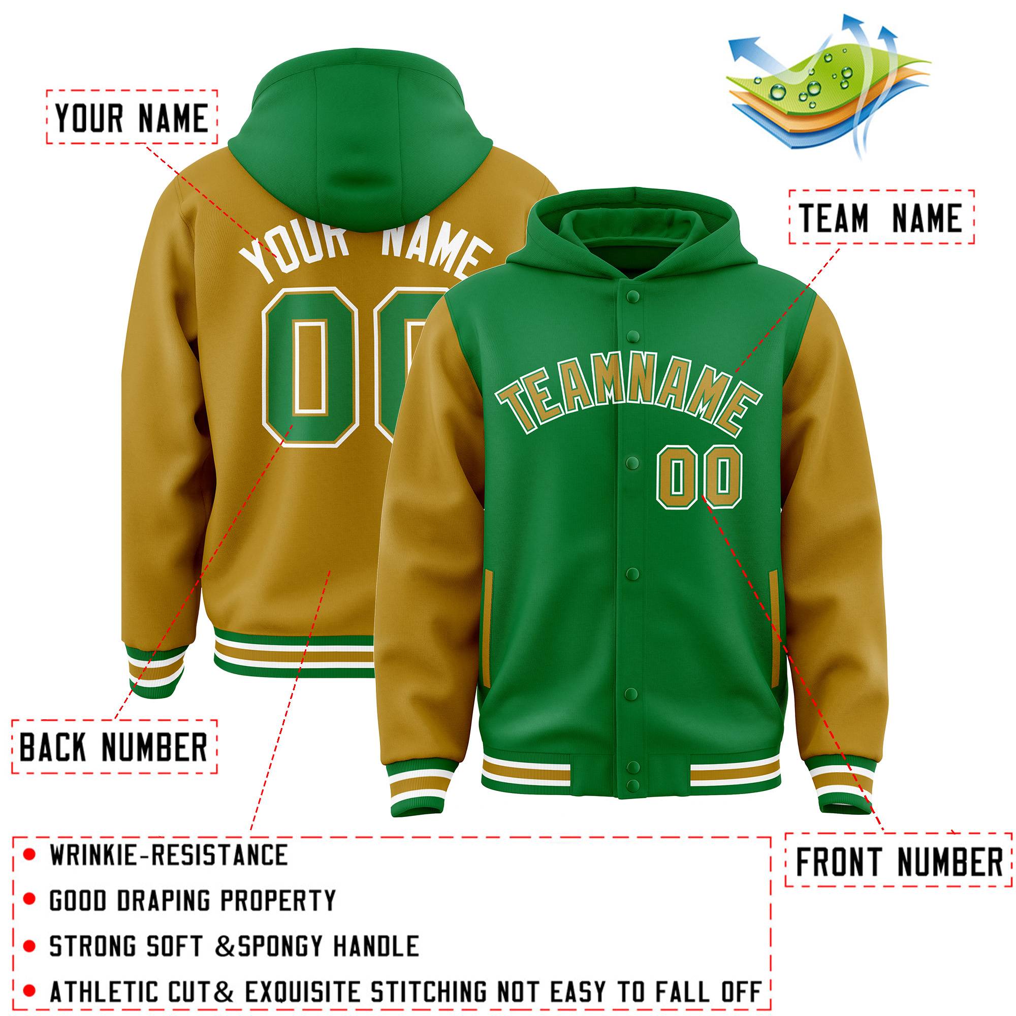 Custom Kelly Green Old Gold Raglan Sleeves Varsity Full-Snap Letterman Two Tone Jacket Hoodie| KXKSHOP