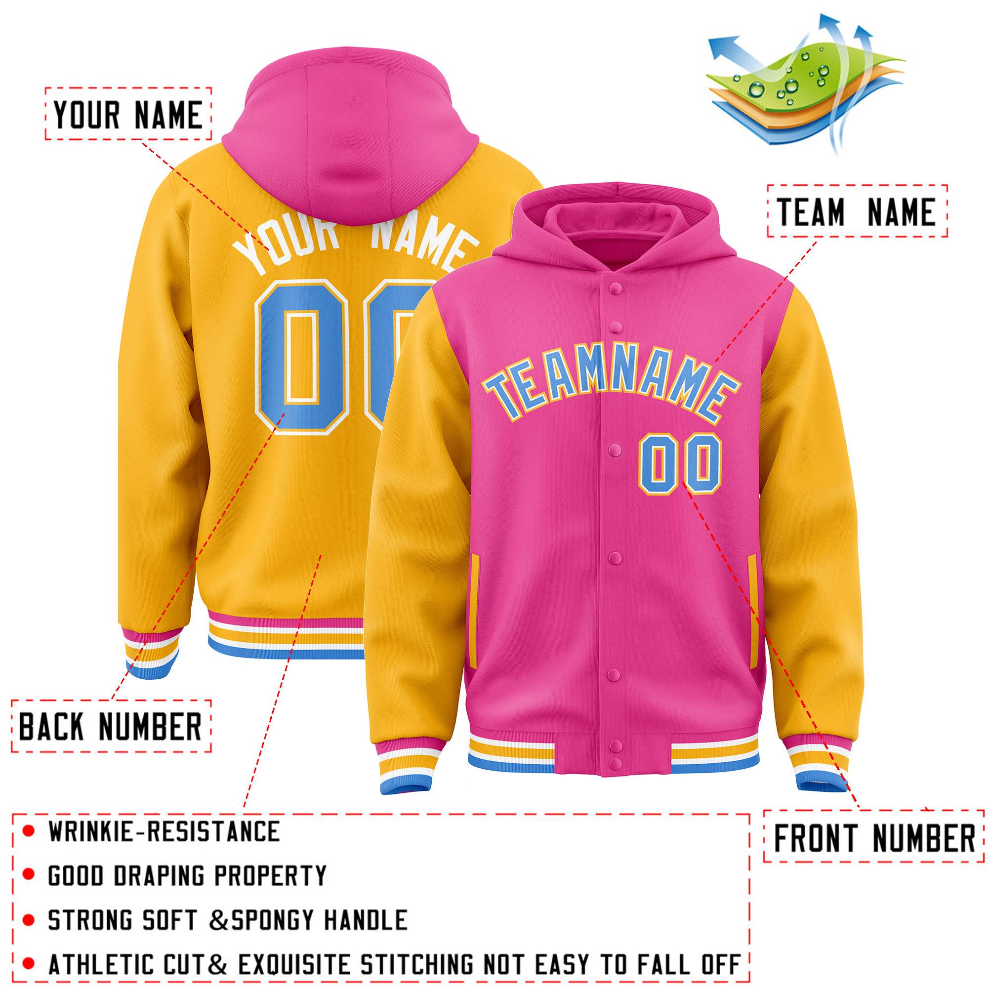 Custom Pink Gold Raglan Sleeves Varsity Full-Snap Letterman Two Tone Jacket Hoodie| KXKSHOP