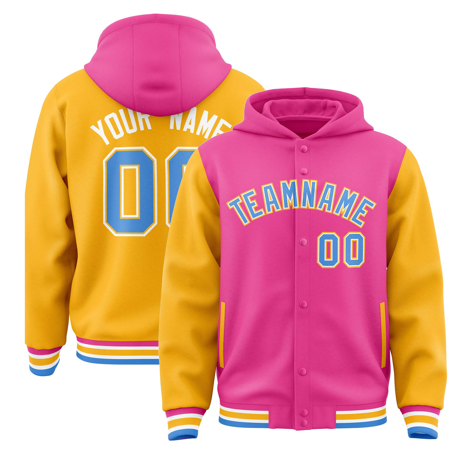 Custom Pink Gold Raglan Sleeves Varsity Full-Snap Letterman Two Tone Jacket Hoodie| KXKSHOP