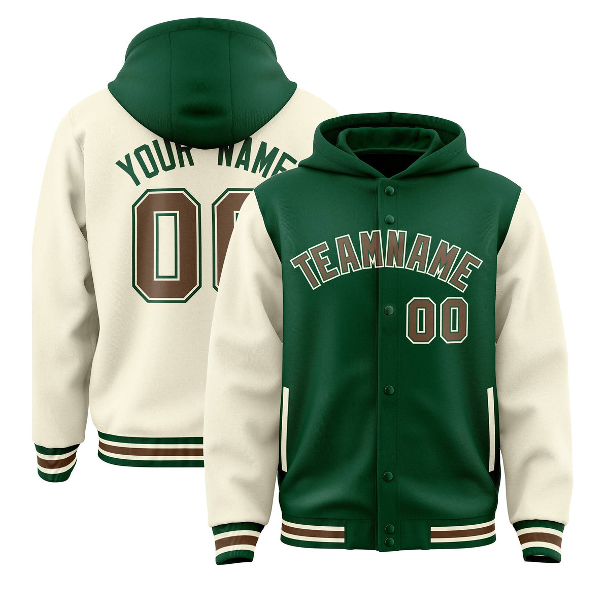 Custom Green Cream Raglan Sleeves Varsity Full-Snap Letterman Two Tone Jacket Hoodie| KXKSHOP