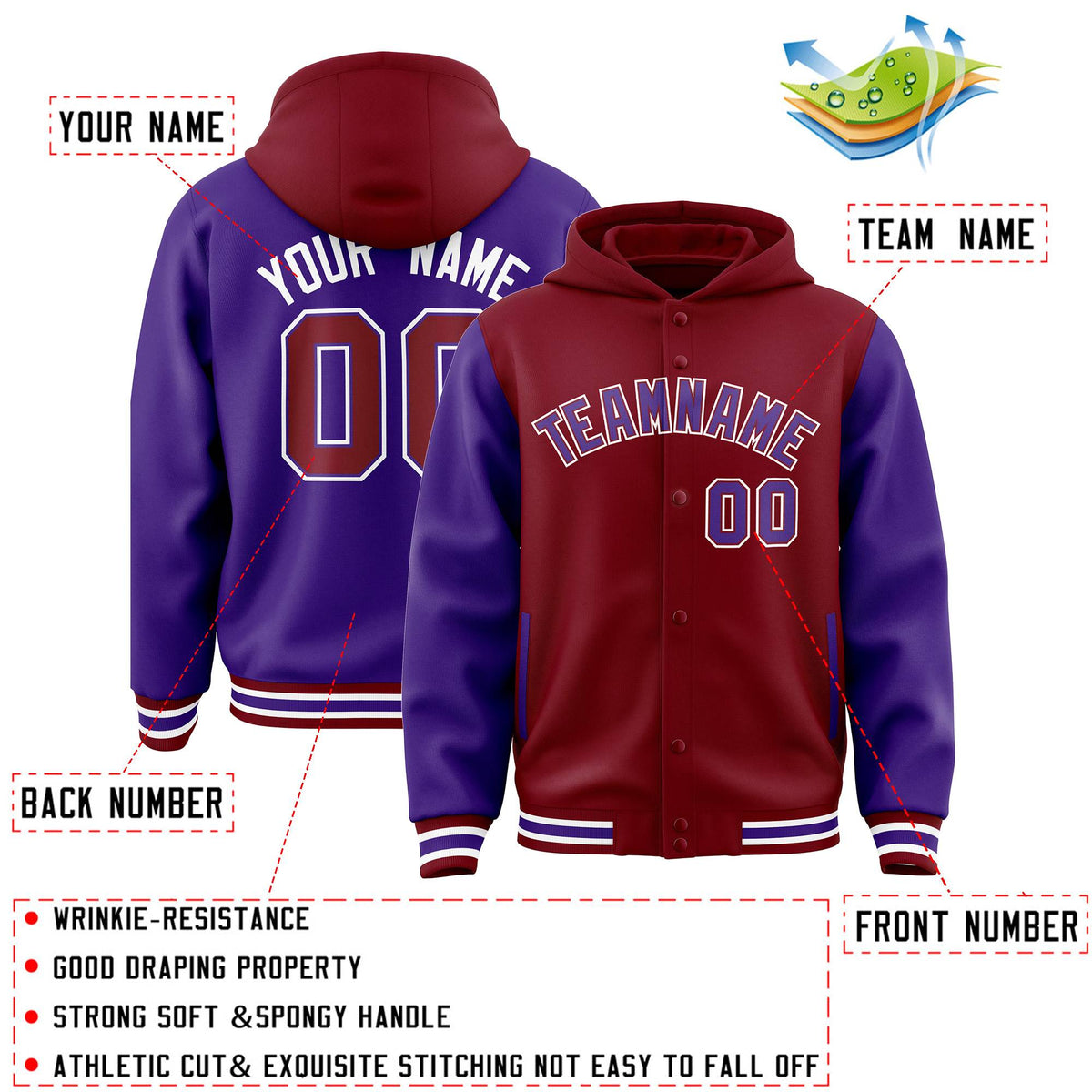 Custom Crimson Purple Raglan Sleeves Varsity Full-Snap Letterman Two Tone Jacket Hoodie| KXKSHOP