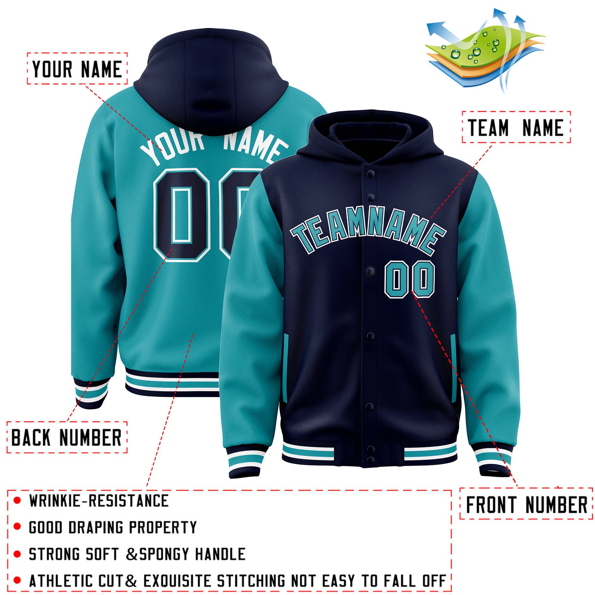 Custom Navy Aqua Raglan Sleeves Varsity Full-Snap Letterman Two Tone Jacket Hoodie| KXKSHOP