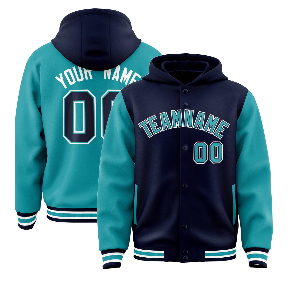 Custom Navy Aqua Raglan Sleeves Varsity Full-Snap Letterman Two Tone Jacket Hoodie| KXKSHOP