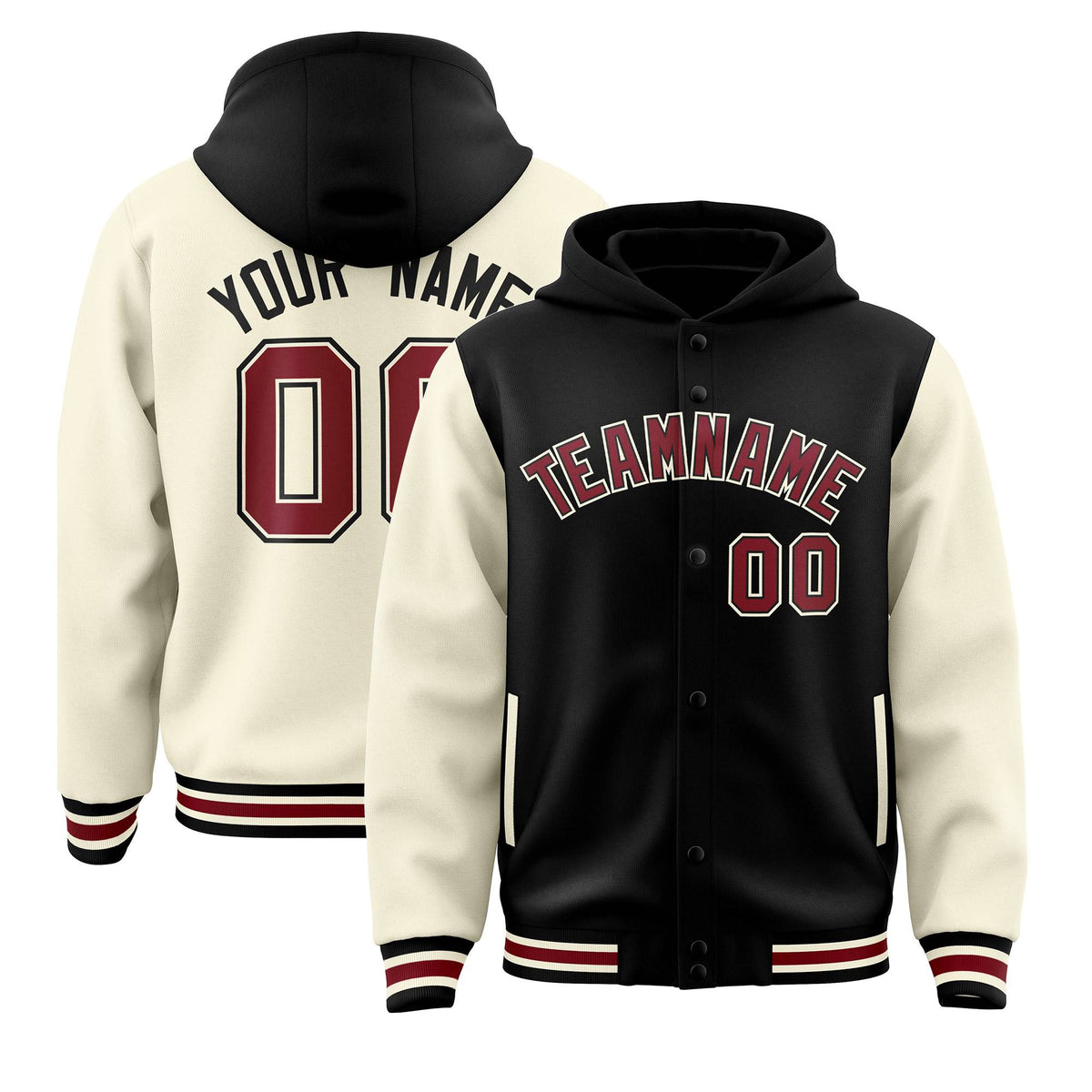 Custom Black Cream Raglan Sleeves Varsity Full-Snap Letterman Two Tone Jacket Hoodie| KXKSHOP