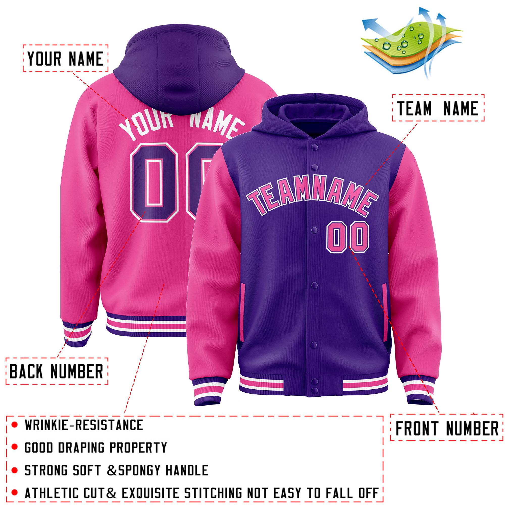 Custom Purple Pink Raglan Sleeves Varsity Full-Snap Letterman Two Tone Jacket Hoodie| KXKSHOP