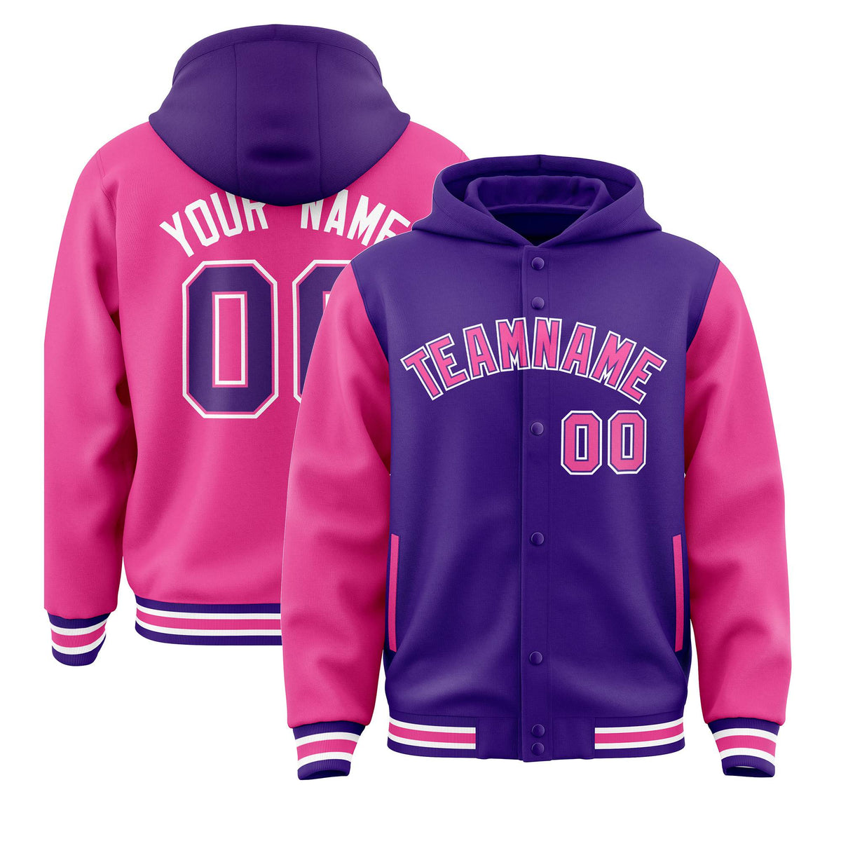 Custom Purple Pink Raglan Sleeves Varsity Full-Snap Letterman Two Tone Jacket Hoodie| KXKSHOP