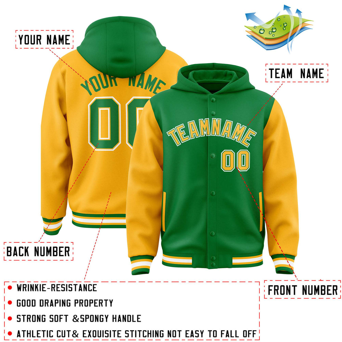 Custom Kelly Green Gold Raglan Sleeves Varsity Full-Snap Letterman Two Tone Jacket Hoodie| KXKSHOP