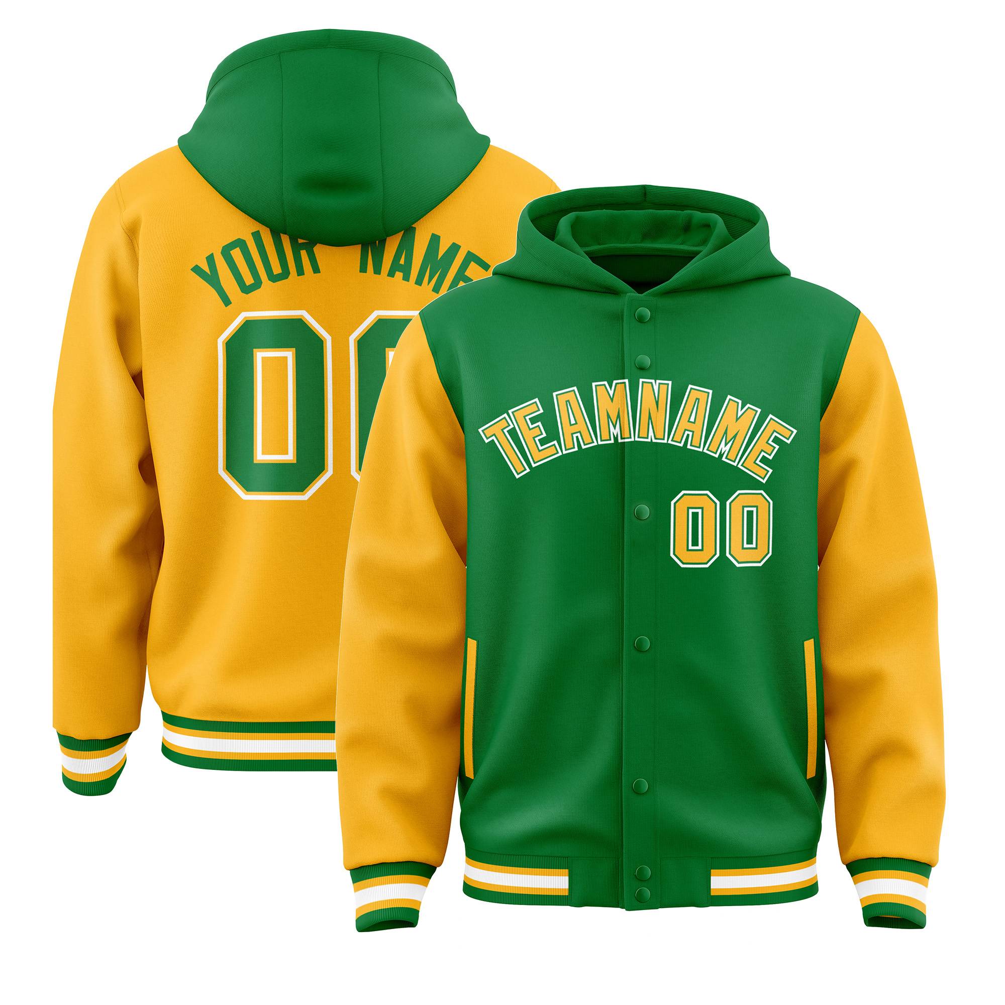 Custom Kelly Green Gold Raglan Sleeves Varsity Full-Snap Letterman Two Tone Jacket Hoodie| KXKSHOP