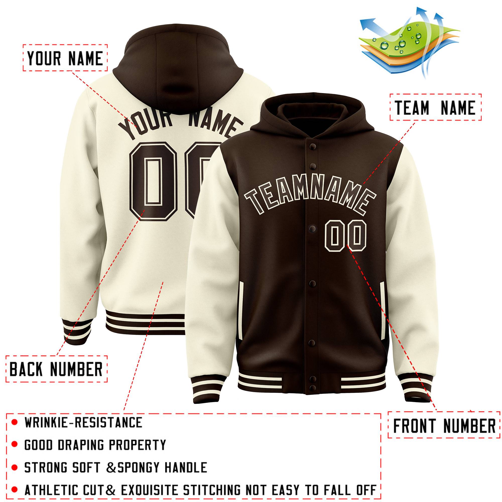 Custom Brown Cream Raglan Sleeves Varsity Full-Snap Letterman Two Tone Jacket Hoodie| KXKSHOP